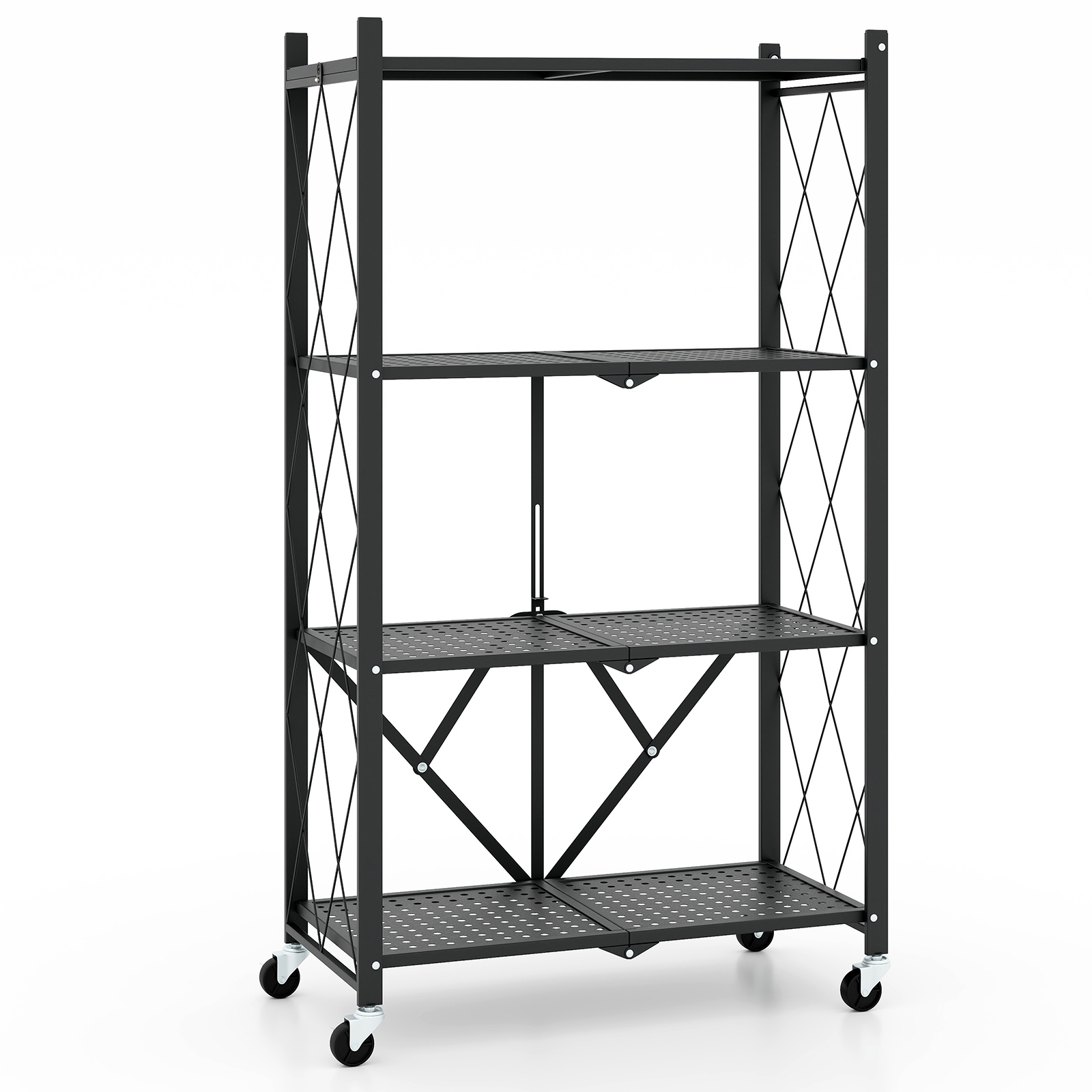 Neljakorruseline kokkupandav ja lukustatavate ratastega metallist laoriiul ning raskeveokite riiul (71x34x126 cm) must