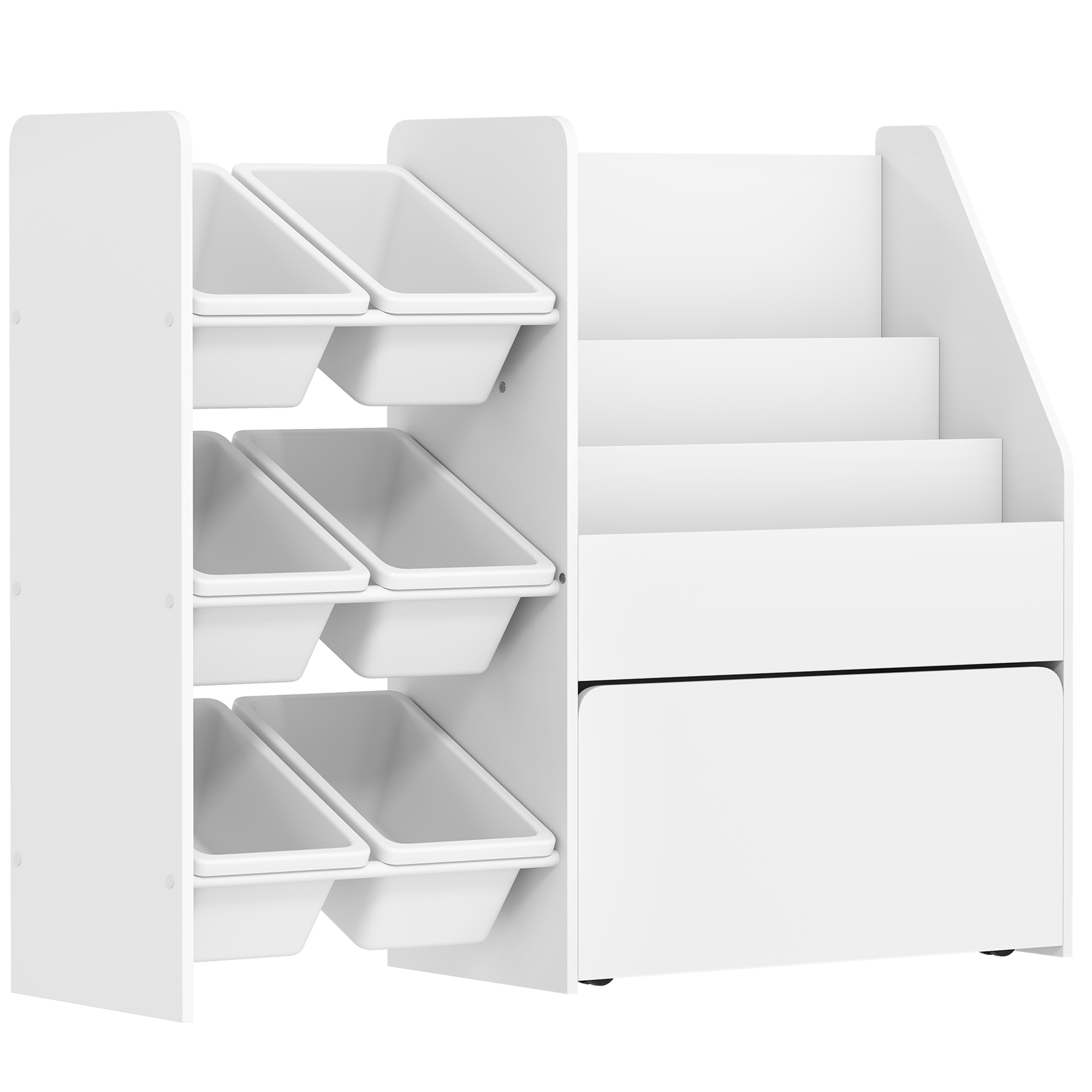 Mänguasjariiul lastetoa riiul 6 konteineriga raamaturiiul ratastel kast 100 x 30 x 80 cm MDF teras valge