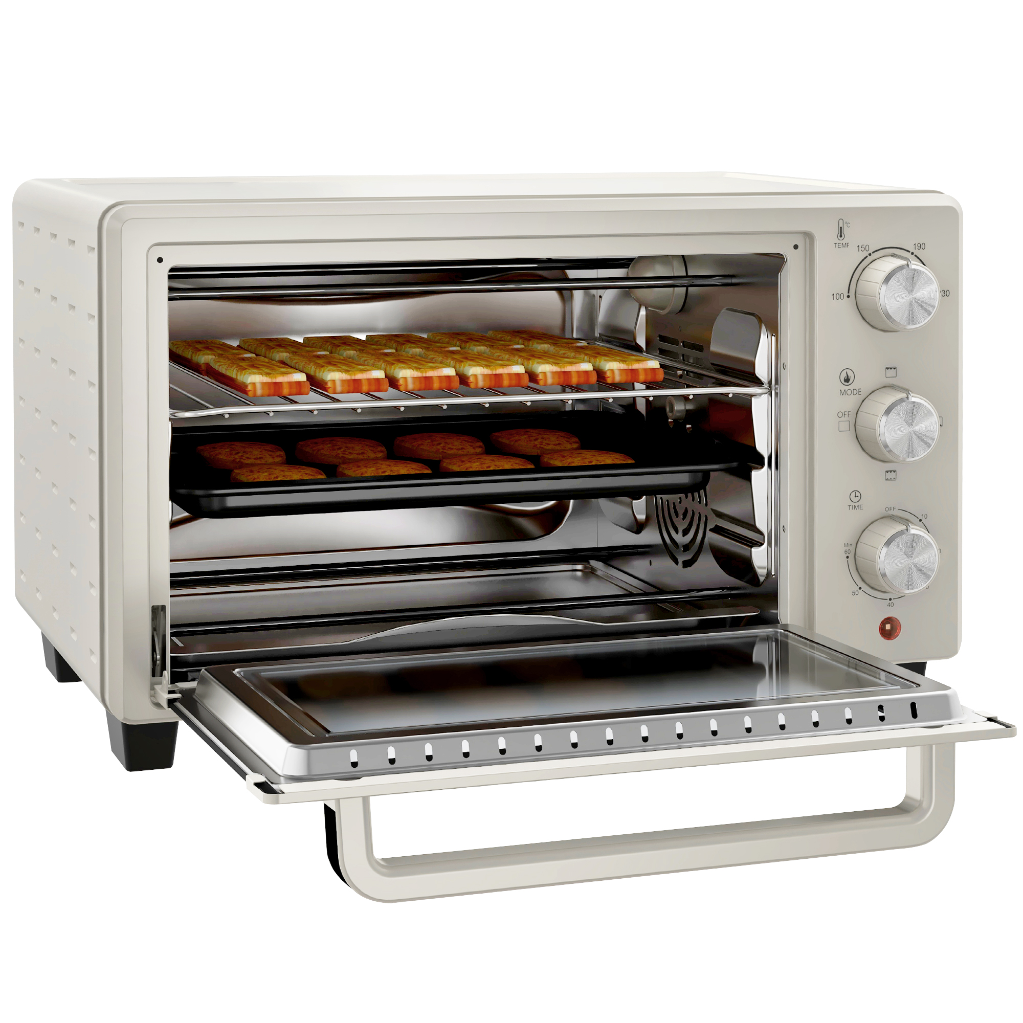 Miniuuni, pieni 21 litran leivänpaahdin, jossa on ritilä ja uunipelti, 3 kypsennystilaa, 100°C-230°C, ruostumaton teräs, lasi, kermanvalkoinen