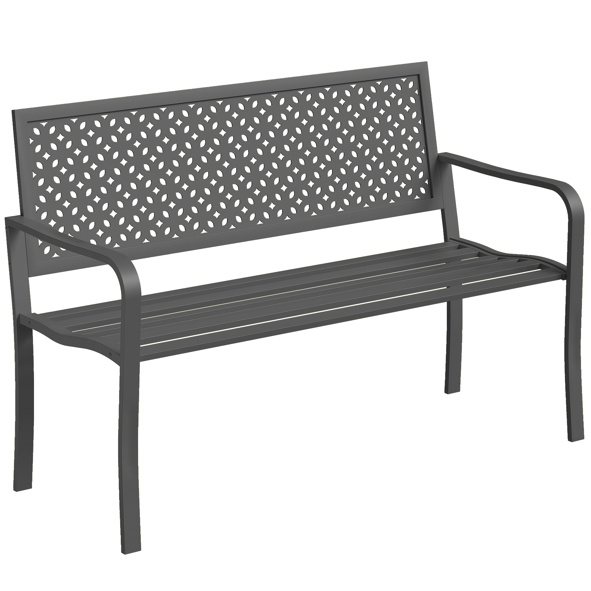 2-paikkainen metallinen puutarhapenkki, säänkestävä ulkopenkki ruostumattomalla selkänojalla, geometrinen muotoilu, tukee jopa 240 kg