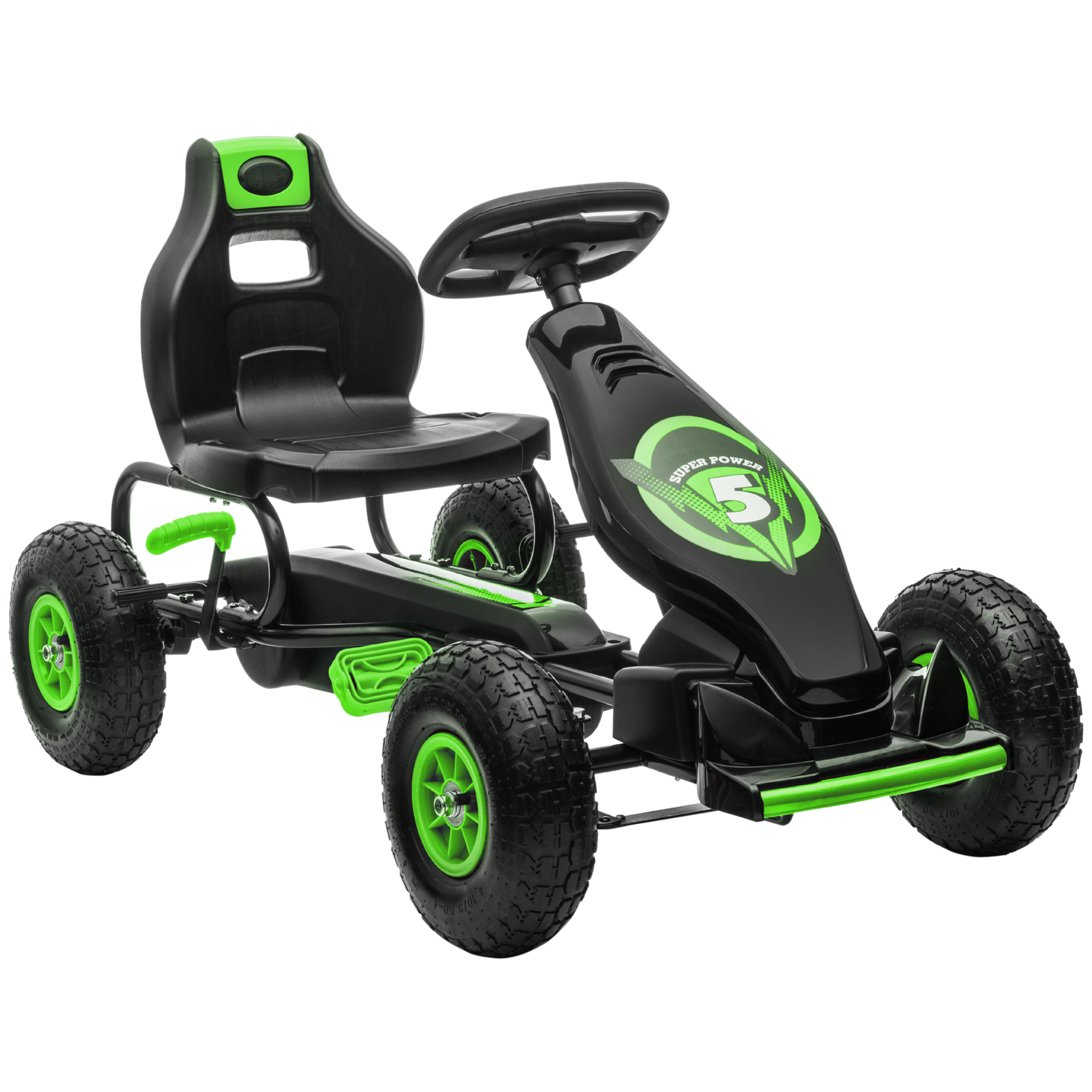 Lasten karting-auto, polkimilla, säädettävällä istuimella, sisä- ja ulkokäyttöön, 5-vuotiaille alkaen, vihreä+musta, 121 x 58 x 61 cm