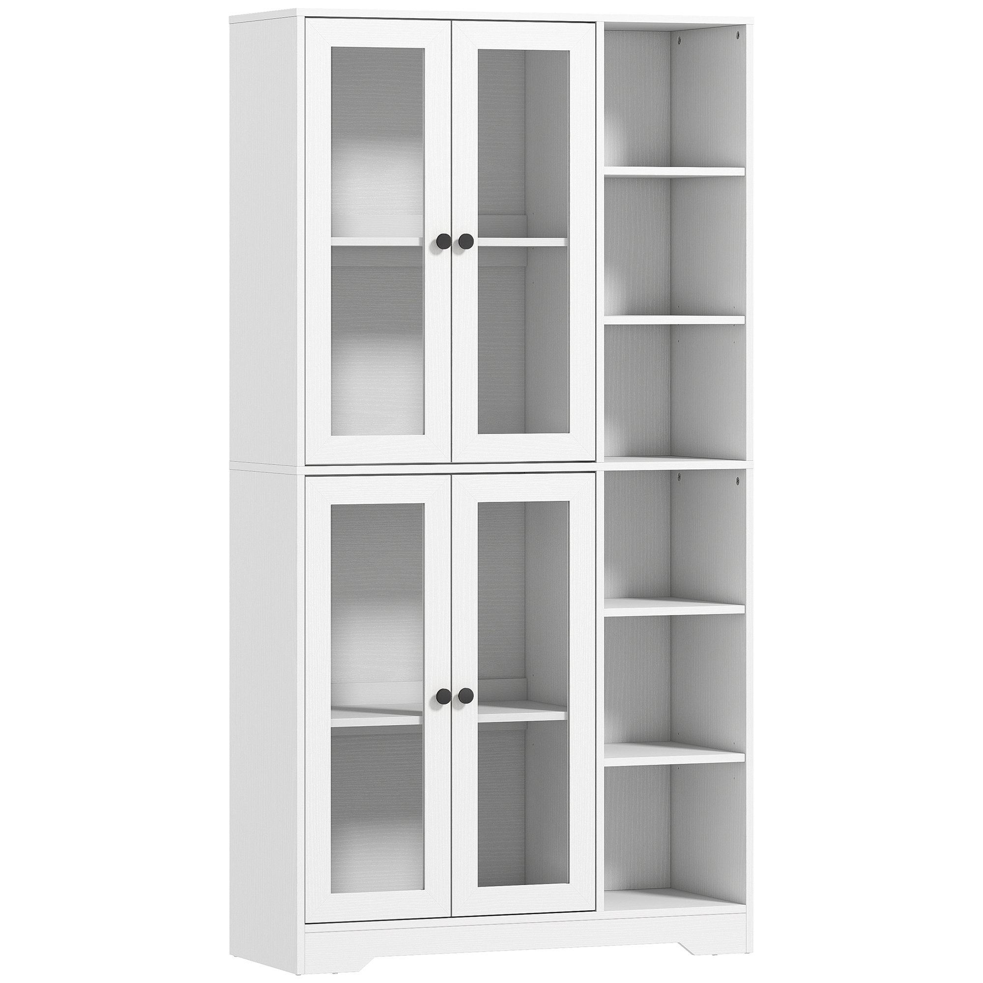 Keittiön kaappi lasiovilla, hyllyillä, avoimella säilytystilalla, 172 cm korkea, MDF, valkoinen