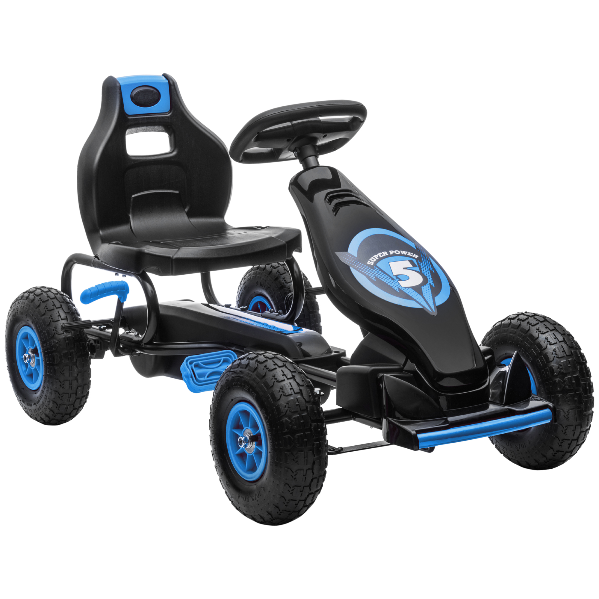 Lasten karting-auto, polkimilla, säädettävällä istuimella, sisä- ja ulkokäyttöön, 5-vuotiaille alkaen, sininen+musta, 121 x 58 x 61 cm