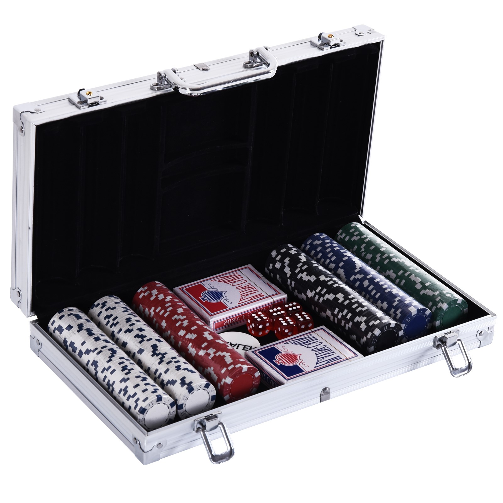 Lukittava pokerisarja kotelolla, 300 pelimerkkiä, 5 noppaa, 2 korttipakkaa, lisävarusteet, täydellinen pokeripelimerkkisarja, korttipelejä, alumiinikotelo Texas Hold'emille ja Blackjackille