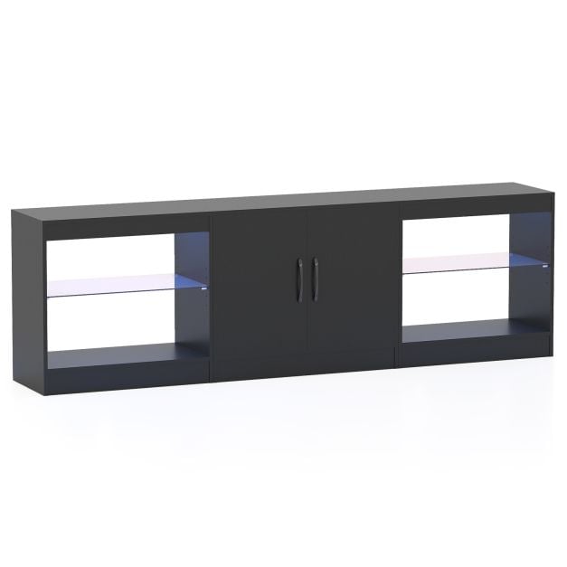 Nutitelefoni rakendusega (APP) juhitava LED-valgustuse ja reguleeritavate klaasriiulitega 3-ühes telerialus kuni 85" teleritele, must