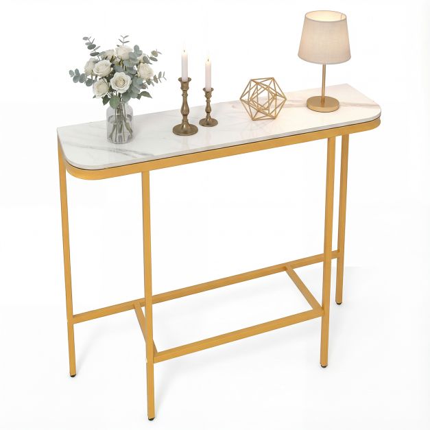 Elegantse marmor-imitatsiooniga plaadi ja tugeva metallraamiga modernne konsoollaud, esiku- ja diivanitaguselaud (110 x 30 x 91 cm), valge