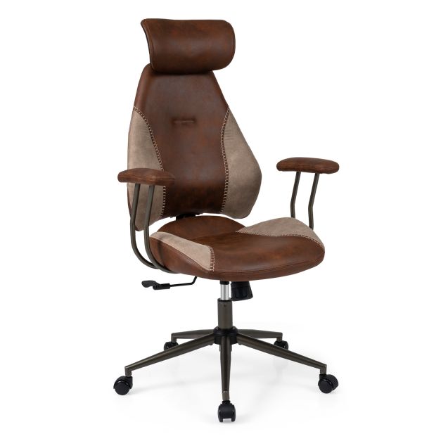 Ergonominen toimistotuoli, tietokonepöytä, 2D-niskatuki ja keinuva selkänoja - ruskea