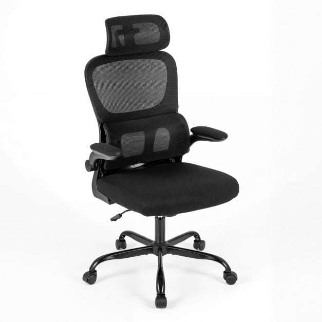 Ergonominen työtuoli, korkeaselkäinen verkkotyötuoli ristiselän tuella, säädettävällä niskatukella ja taitettavilla käsinojilla, musta