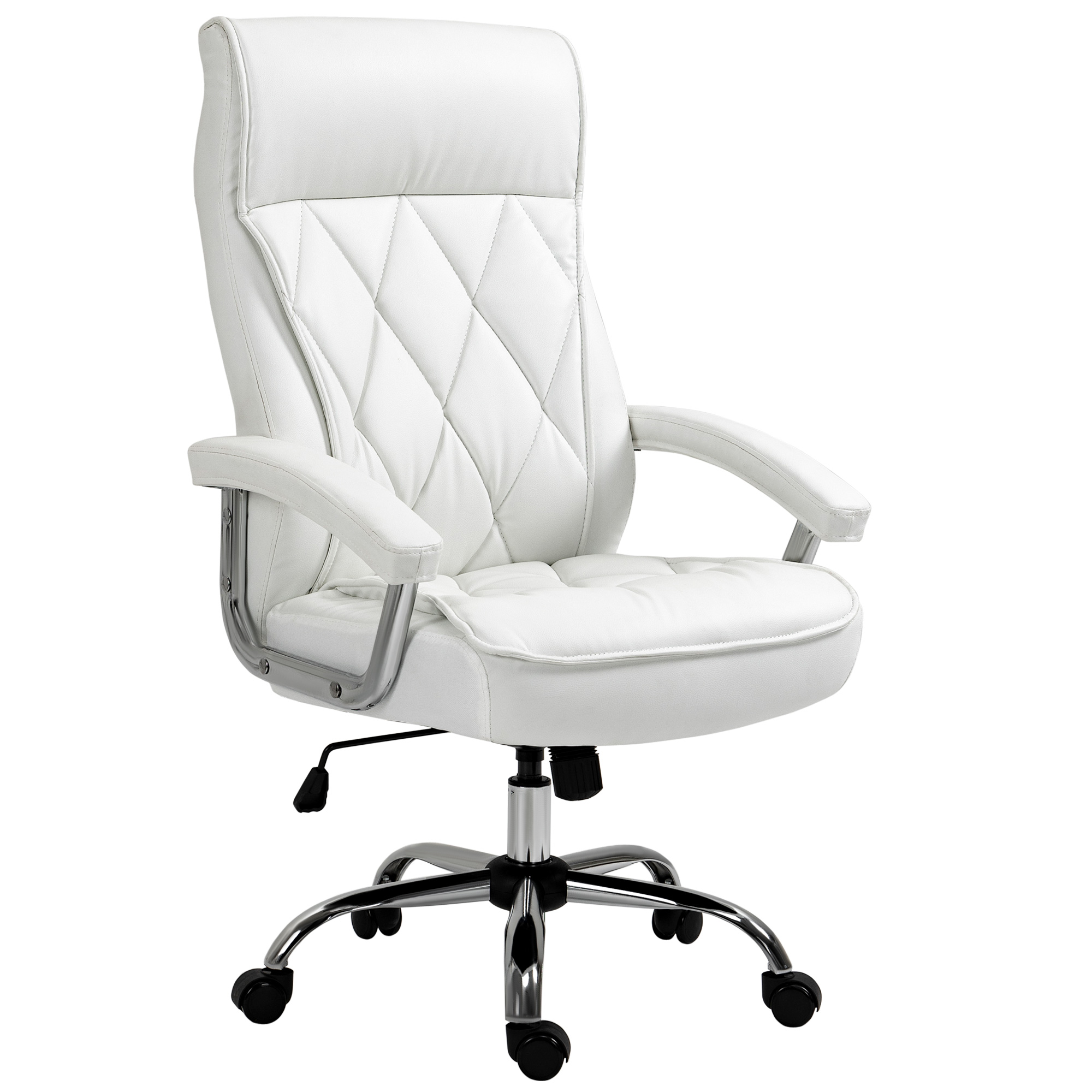 Toimistotuoli, ergonominen työtuoli, korkeussäädettävä pyörivä tuoli keinutoiminnolla, timanttikuvio, keinonahka, verhoiltu johtajantuoli, valkoinen
