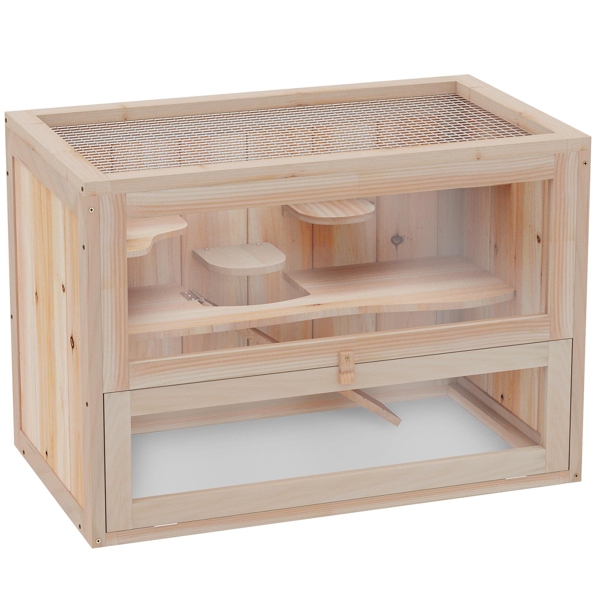 Puinen hamsterihäkki, 2 tasoa, 60 x 35 x 42 cm, jyrsijähäkki, pieneläinhäkki saranoidulla verkkokatolla, vesipullo, ramppi, keinulauta, ruokinta-asema, hiirihäkki kääpiöhamstereille, luonnonpuuta