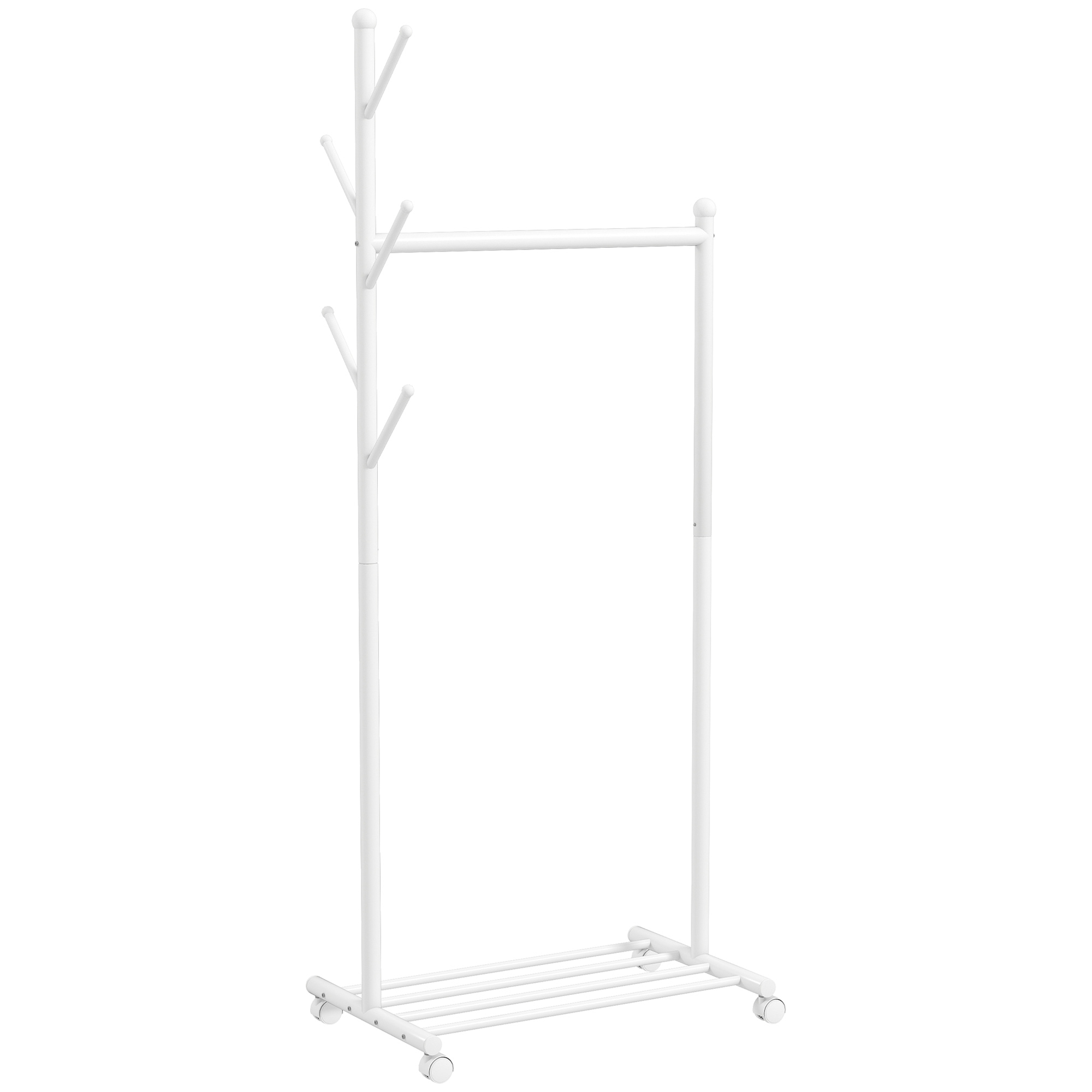 Vaateteline pyörillä, siirrettävä vaateteline vaatetangolla, 5 koukkua, kenkäteline, valkoinen