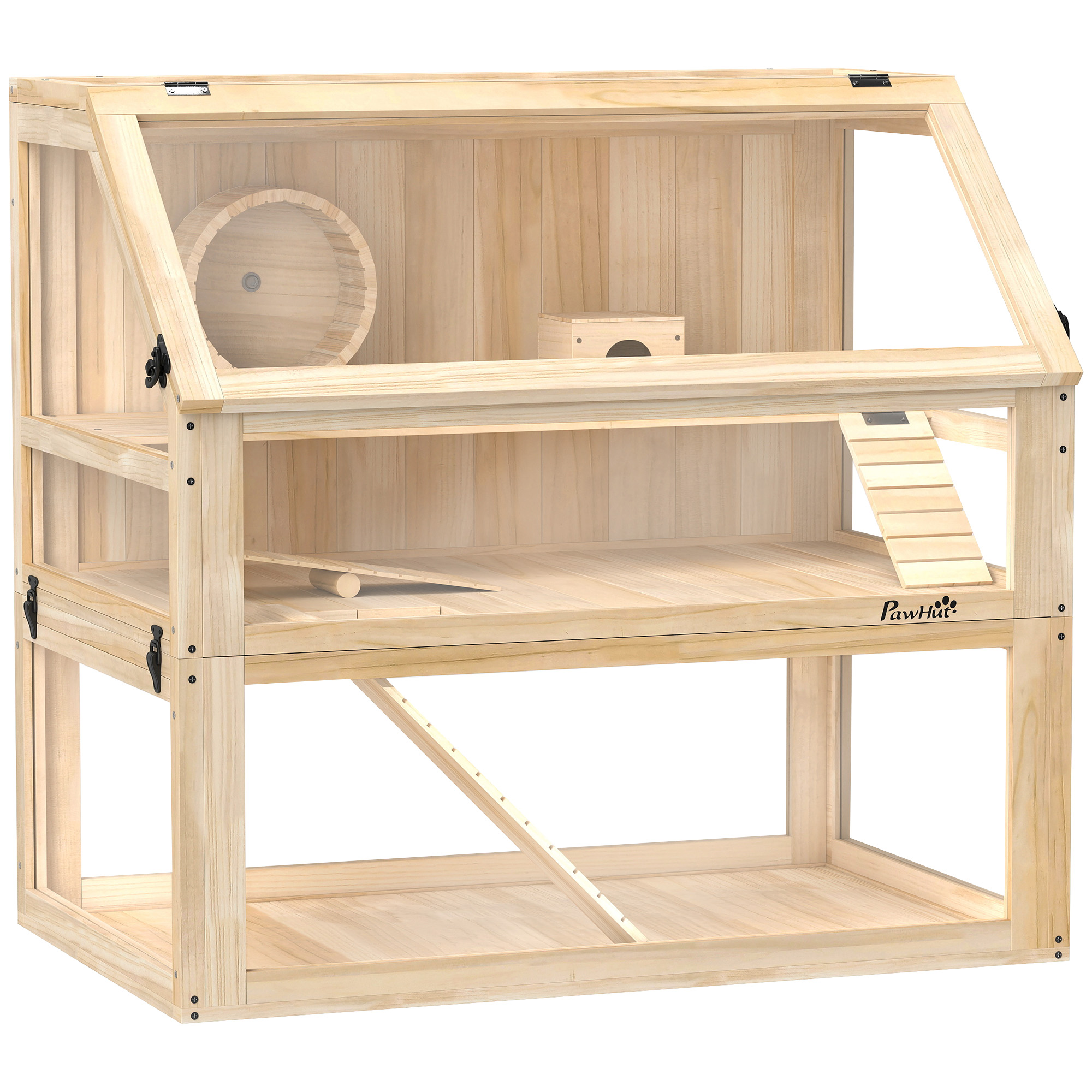 Puinen hamsterihäkki, 3 tasoa, jyrsijänhäkki saranoidulla kannella ja jumppapyörällä, 80 x 50 x 76 cm, luonnonpuuta