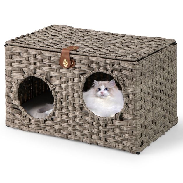Kokkupandav ja ilmastikukindel PE-rotangist kassi- ja koerapesa, eemaldatava padja ja lukustatava katusega lemmikloomamaja (60 x 35 x 35 cm), hall