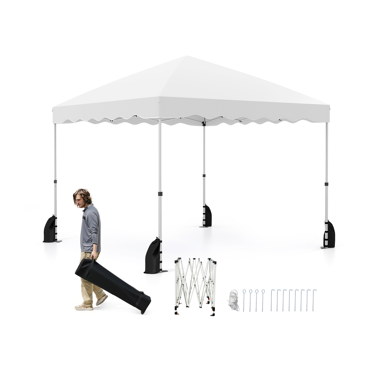 Kokoontaitettava 305 cm x 305 cm pop-up-katosteltta pyörillä - valkoinen