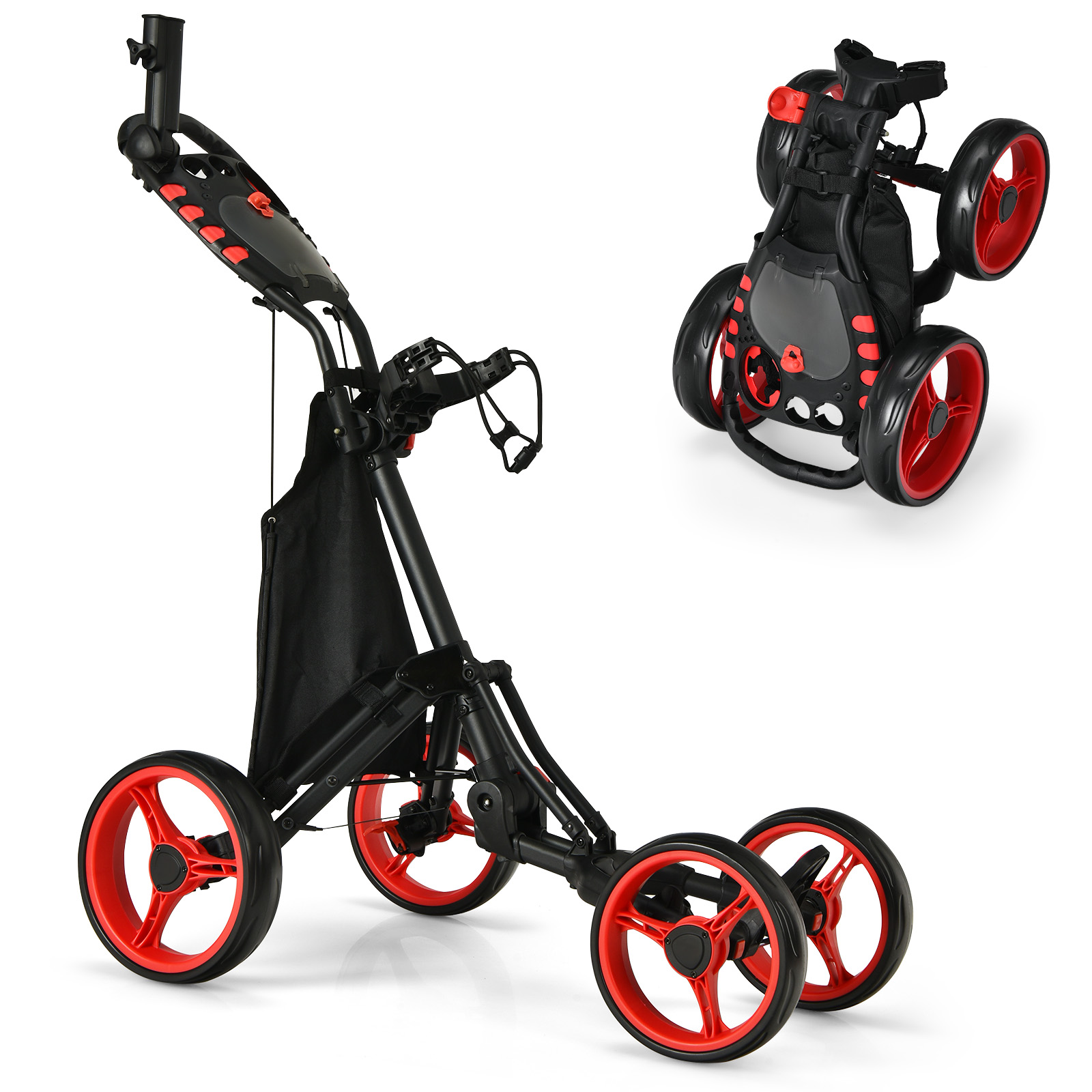 Neljarattaline kokkupandav alumiiniumist golfitroll, kergkaaluline stabiilne golfikäru ja tarvikutega caddy, punane