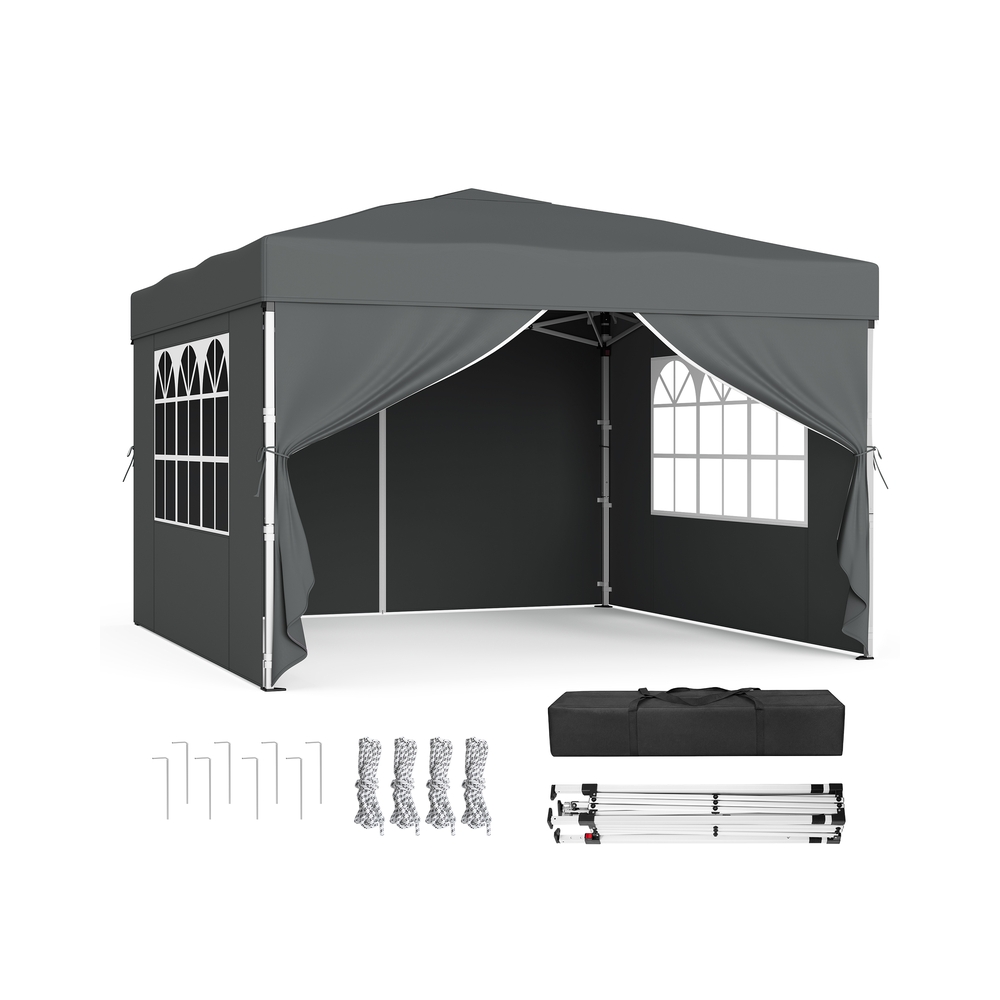 Taittuva paviljonki 3 x 3 m puutarhoihin ja juhliin, 4 sivuseinää, tummanharmaa