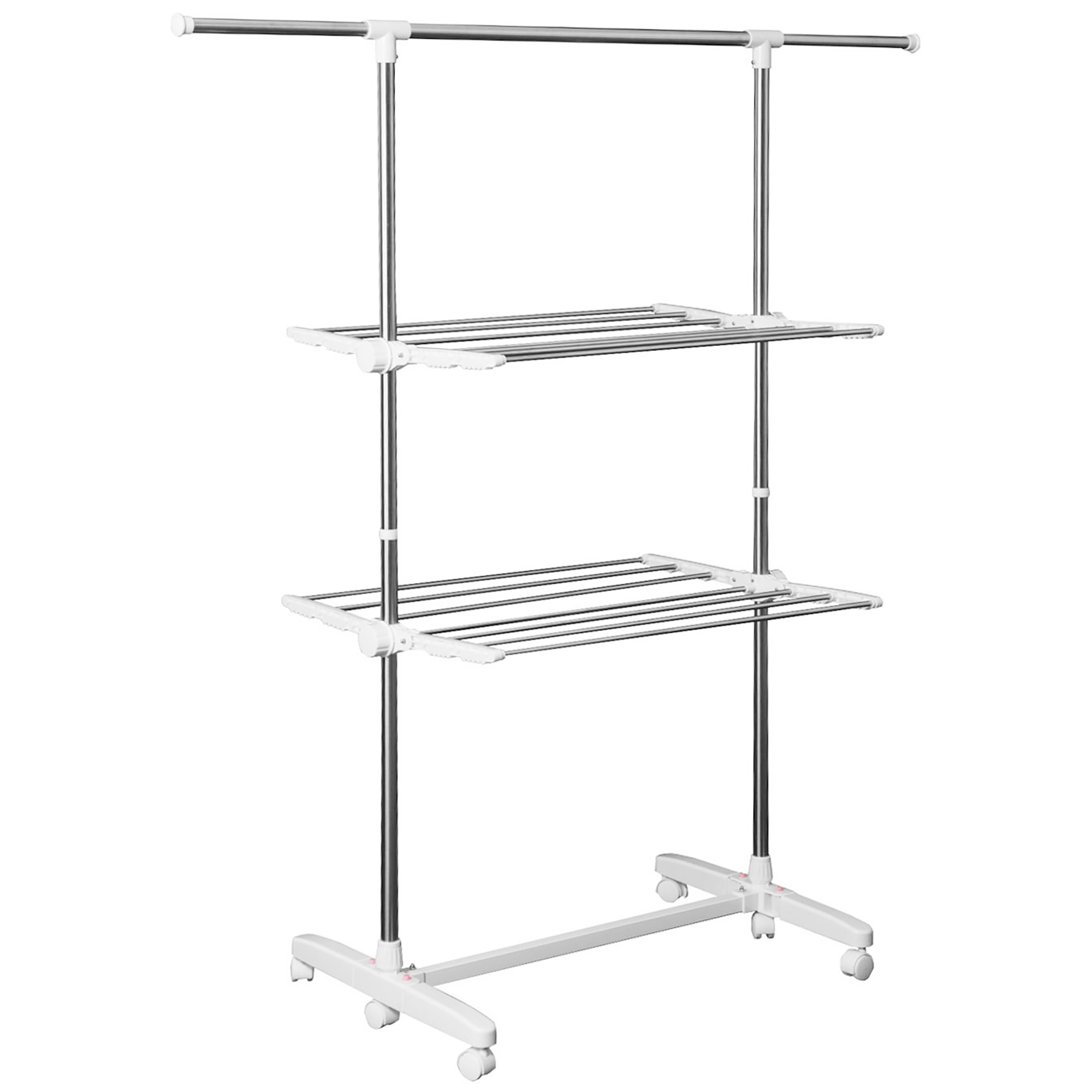 Jatkettava vaatteidenkuivausteline, jossa 3 tasoa, taittuvat siivekkeet, pyörät, 154 cm, valkoinen