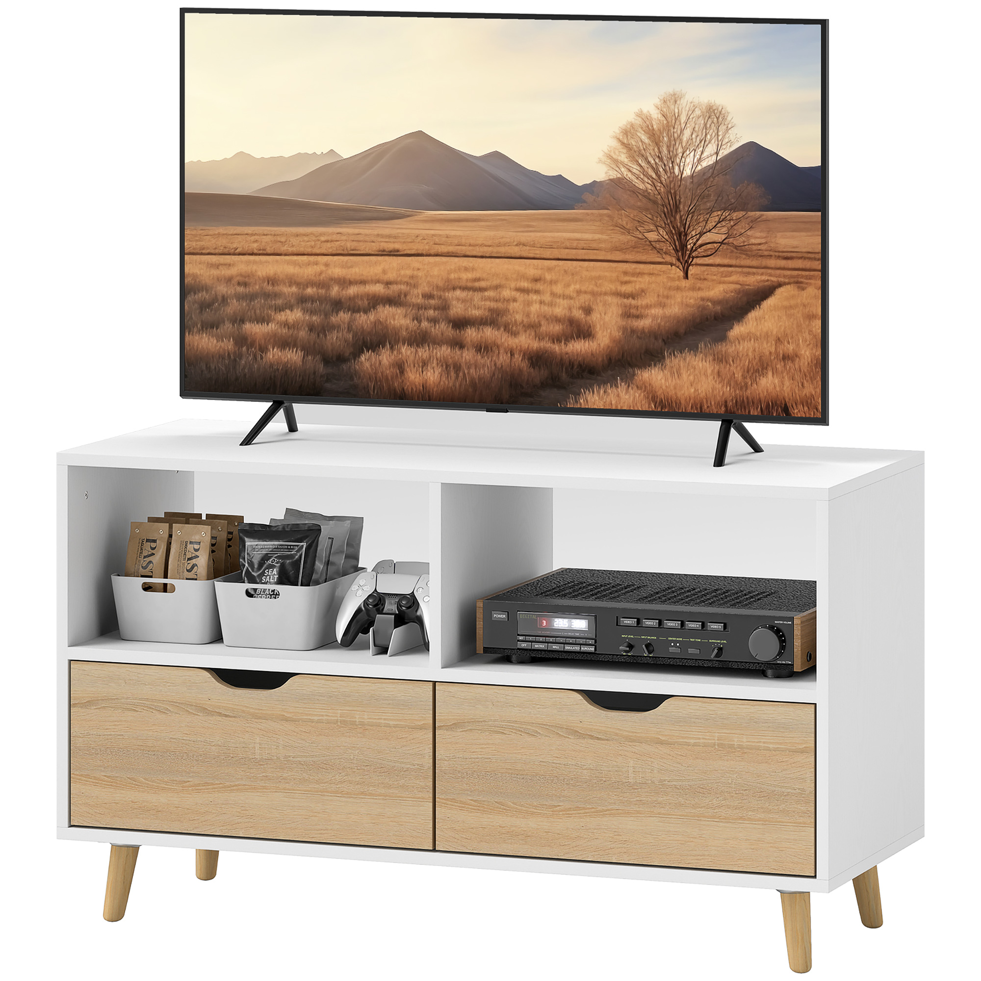 TV-taso, TV-lipasto laatikoilla, avohyllyt, puu, 99 x 39 x 58 cm, valkoinen