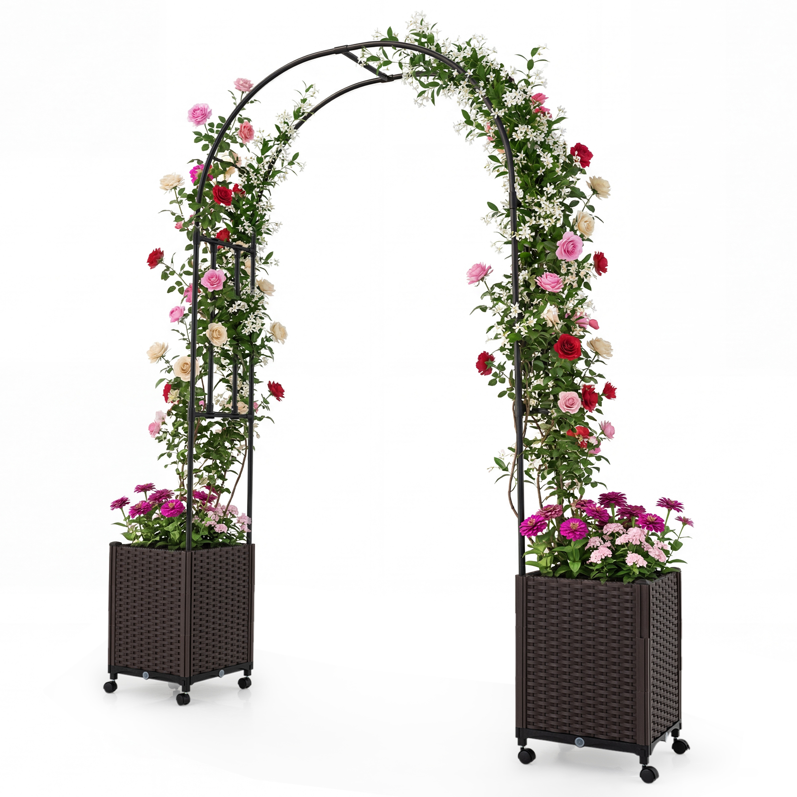 Kahe isekastva lillekasti ja ronimistugedega metallist aiakaar ning dekoratiivne pergola hoovi ja terrassile (230 cm), must