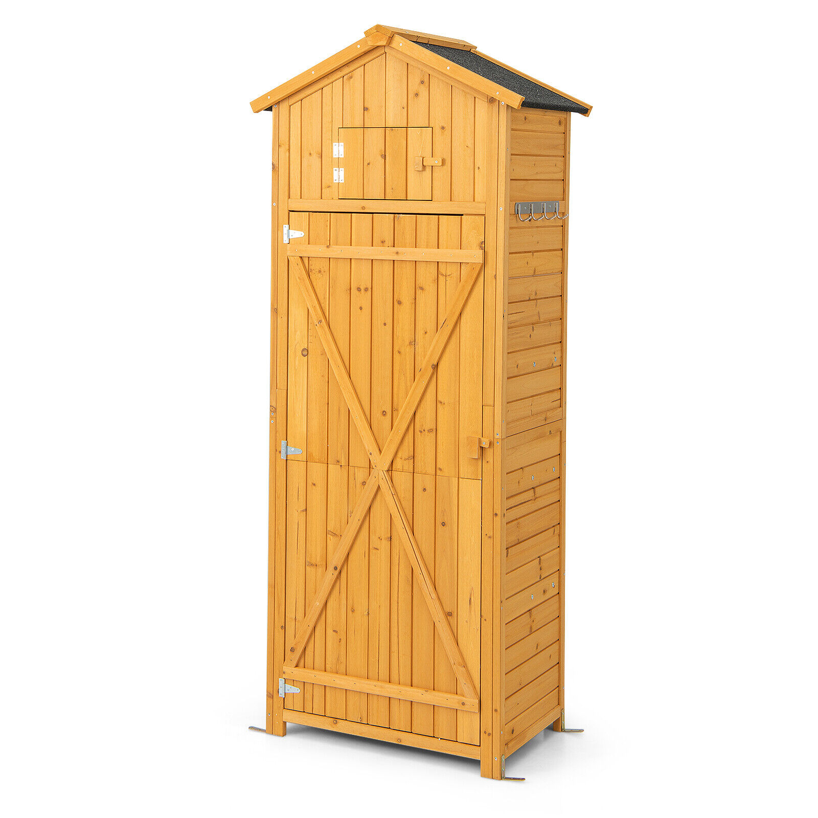 180 cm korkea puutarhatyökalujen säilytyskaappi lukittavilla ovilla ja taittopöydällä - luonnonvärinen