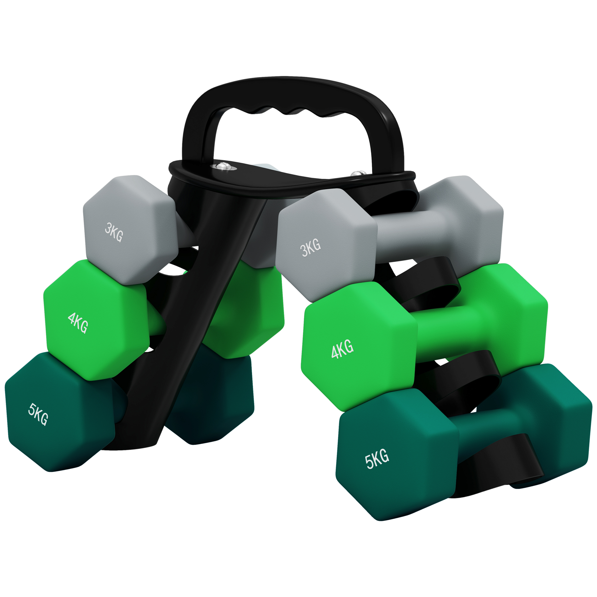 Hantlite komplekt hoiurestiga 6 hantli komplekt treeninguks 2 x 3kg 2 x 4kg 2 x 5kg