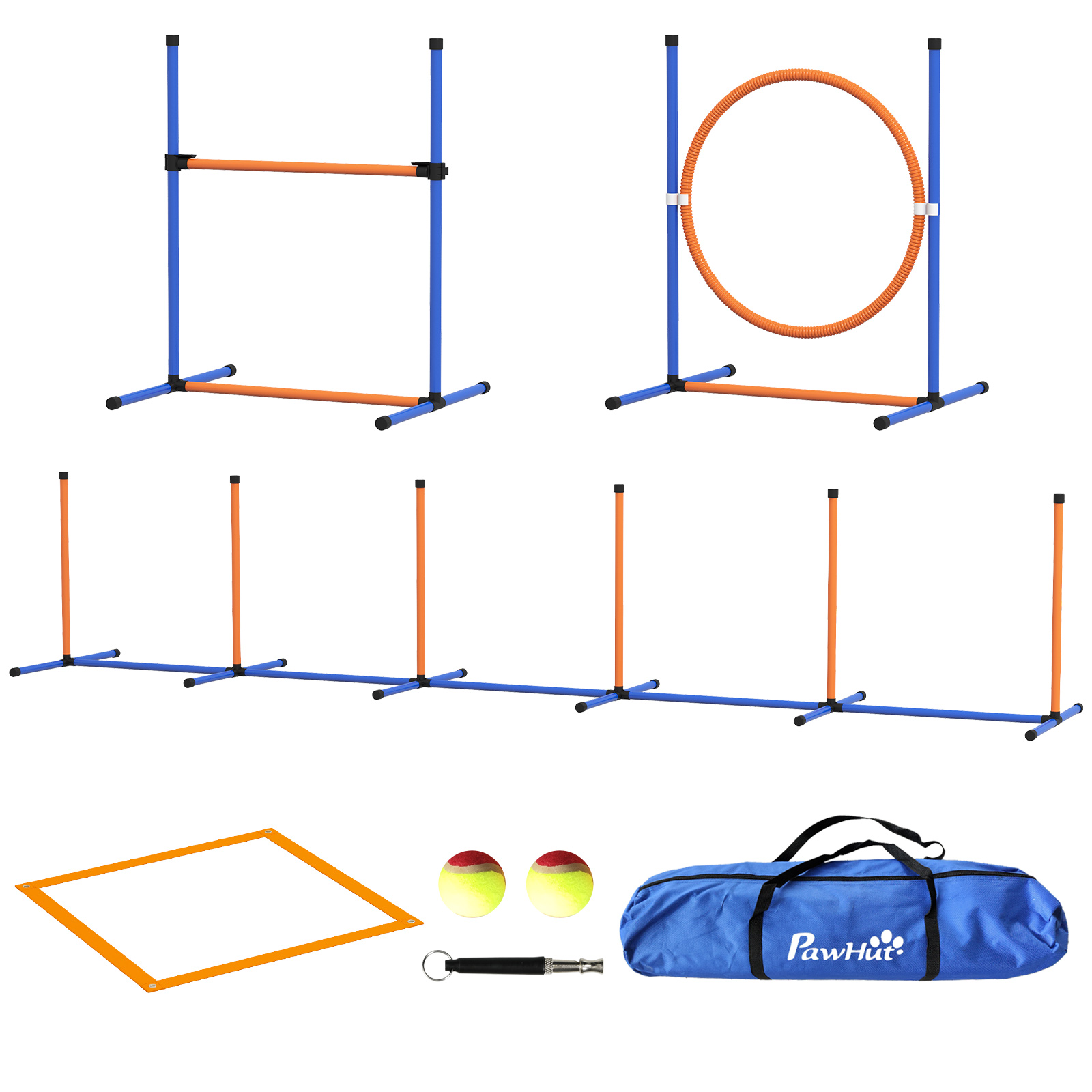 Koiran agility-setti, koiran esterata, 1 rengas, 1 aita, 1 pujottelusetti, 352 cm x 66 cm x 69 cm, sininen + punainen