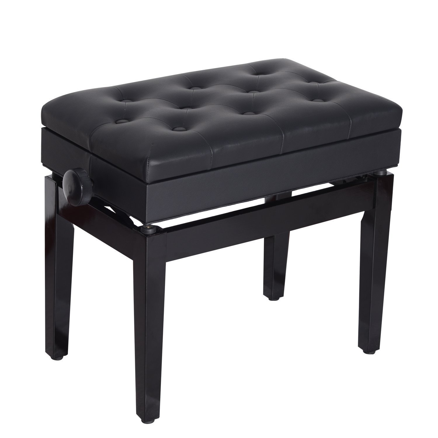 Korkeussäädettävä pianopenkki säilytystilalla, puiset jalat, keinonahkainen pianojakkara, musiikkihuoneisiin, kantavuus jopa 200 kg, 54,5 x 33 x 48-58 cm, musta