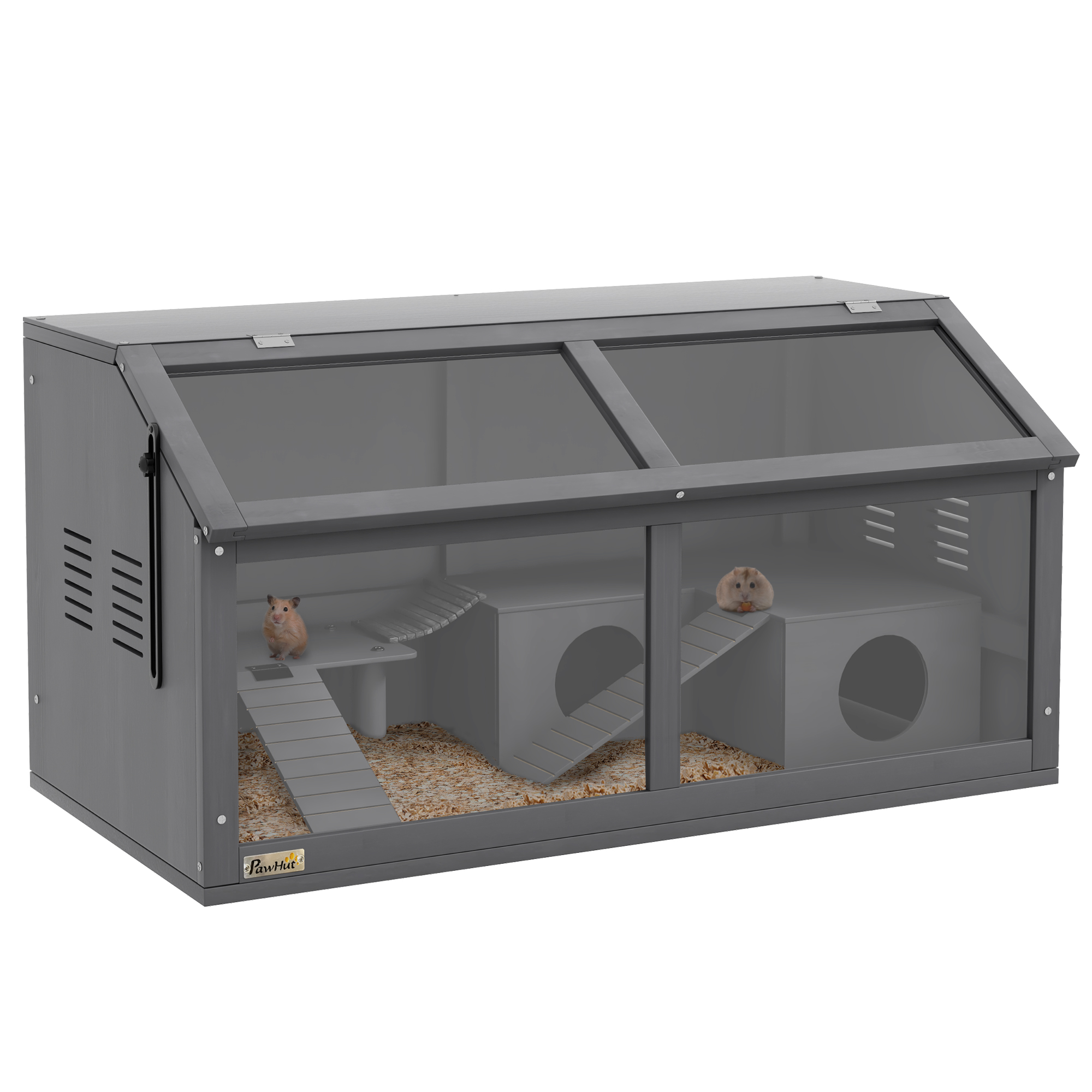 Hamsterin häkki, pieneläinhäkki puusta, riippusilta, tikkaat, koppi, 84 x 45 x 44 cm, kääpiöhamstereille, harmaa
