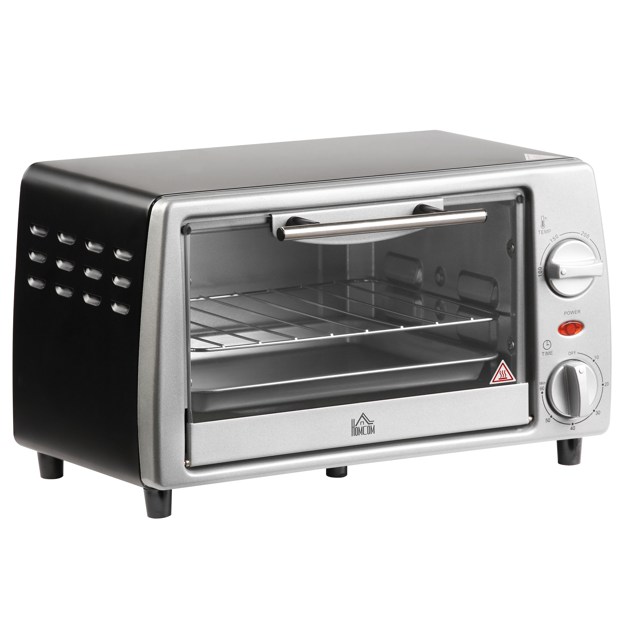 Miniuuni 10 L 750W 100-230℃ 60 minuutin ajastin, uunipelti, grilliritilä ja irrotettava pohjapelti, pizzauuni hopea