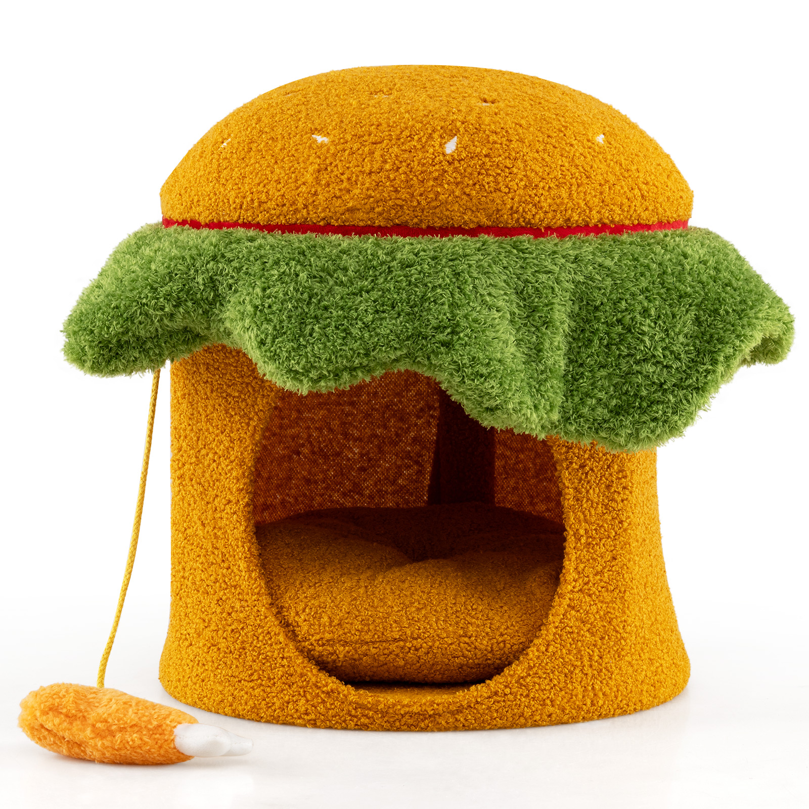 Hamburgeri-kujuline armas ja pehme kassipesa-koobas, polsterdatud ülemise istmeosa ja rippuva plüüsist mänguasjaga, oranž