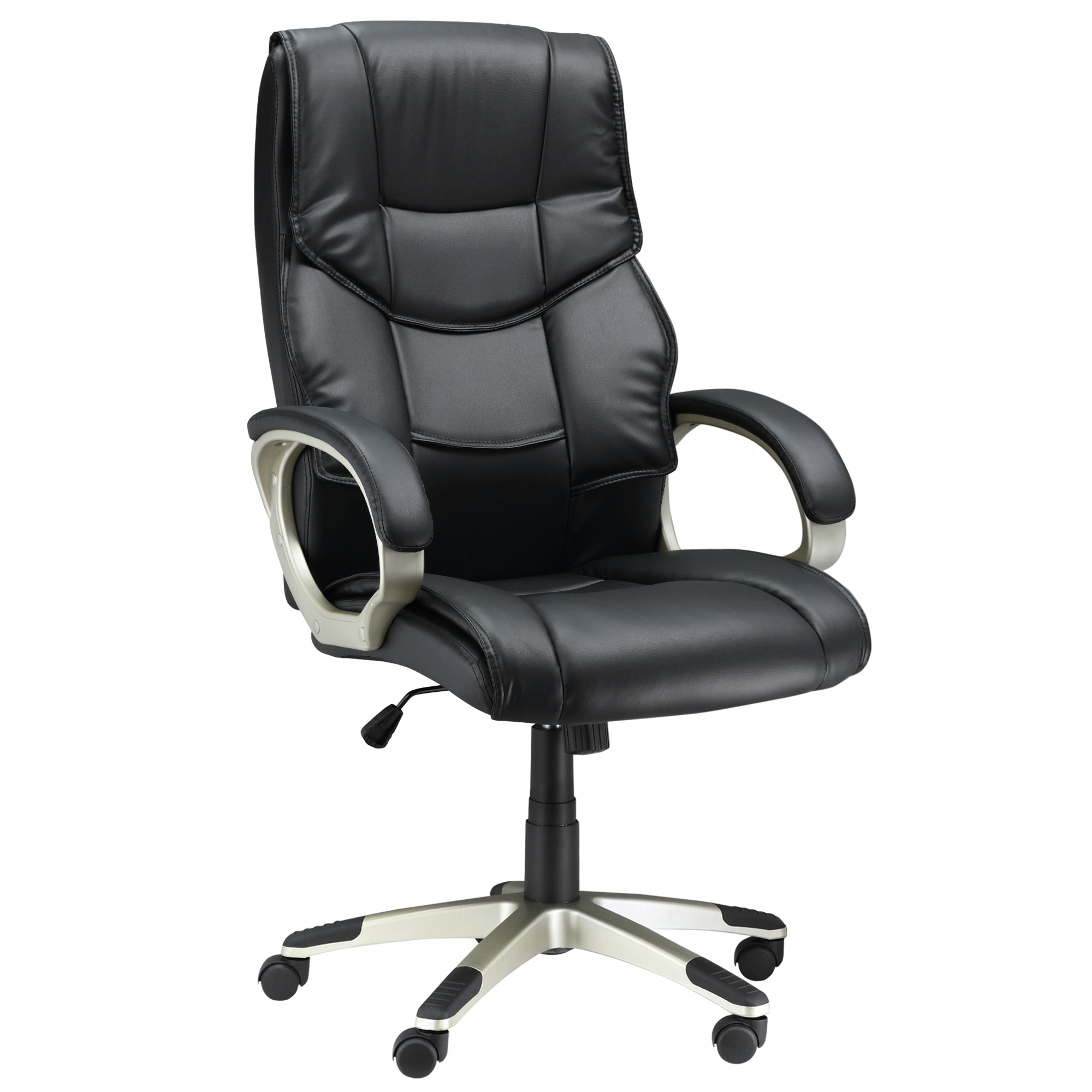 Toimistotuoli, johtajan tuoli keinutoiminnolla, työtuoli, ergonominen pyörivä tuoli, urheiluistuin, korkea selkänoja, musta, keinonahka, metalli, 70 x 58 x 114–124 cm