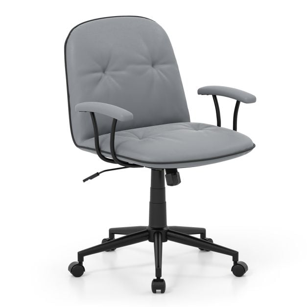 Ergonominen työtuoli, keinonahkainen työtuoli pehmustetuilla käsinojilla ja leveällä istuimella, harmaa
