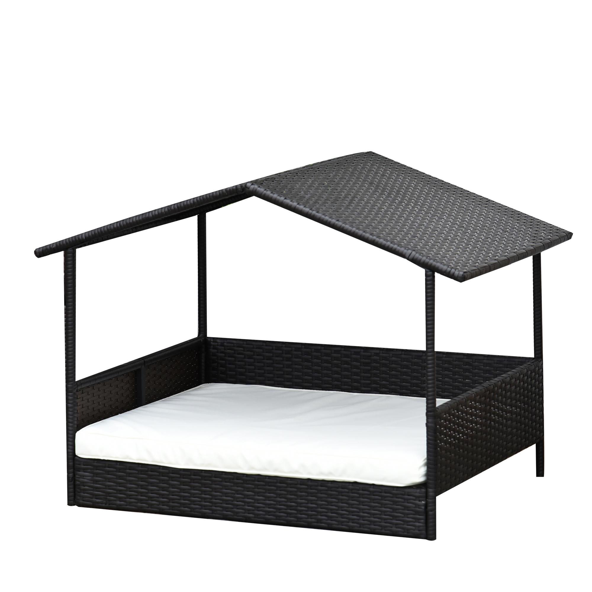 Rottinki ulkokoiranpeti katoksella, kohotettu koiranpeti 69 x 98 x 70 cm, viileä lemmikkieläinpeti metallirungolla, irrotettavat tyynyt, lemmikkieläinpeti pienille ja keskikokoisille koirille, kahvinruskea