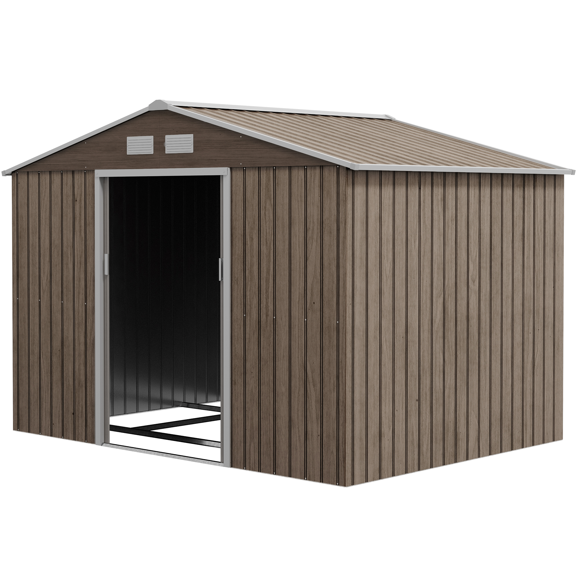 Puutarhavaja, 2 liukuovea, 4 ikkunaa, säänkestävä, metallirunko, 2,7 x 1,9 x 1,9 m, ruskea