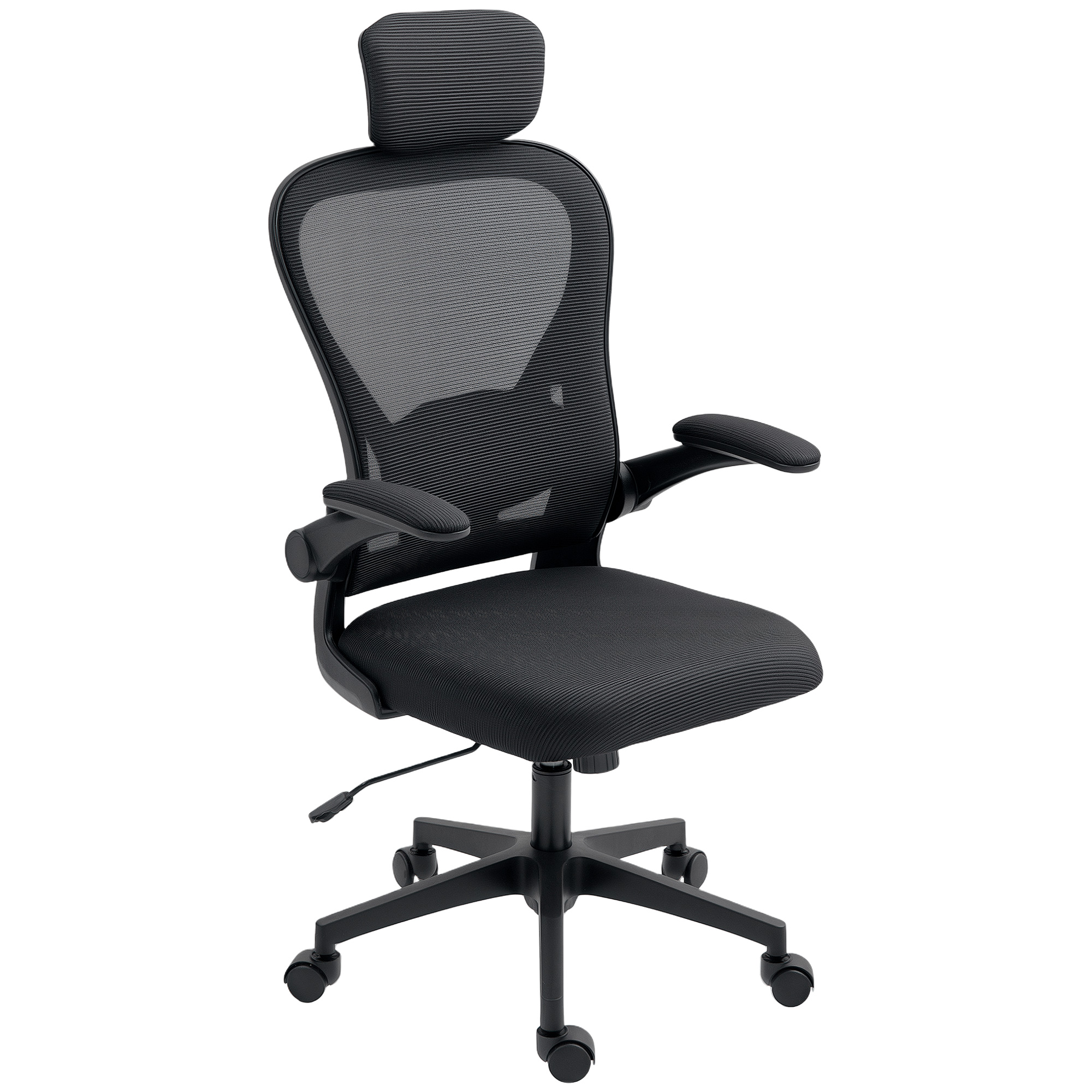 Ergonominen työtuoli, jossa ylöskäännettävät käsinojat ja säädettävä ristiselän tuki, musta