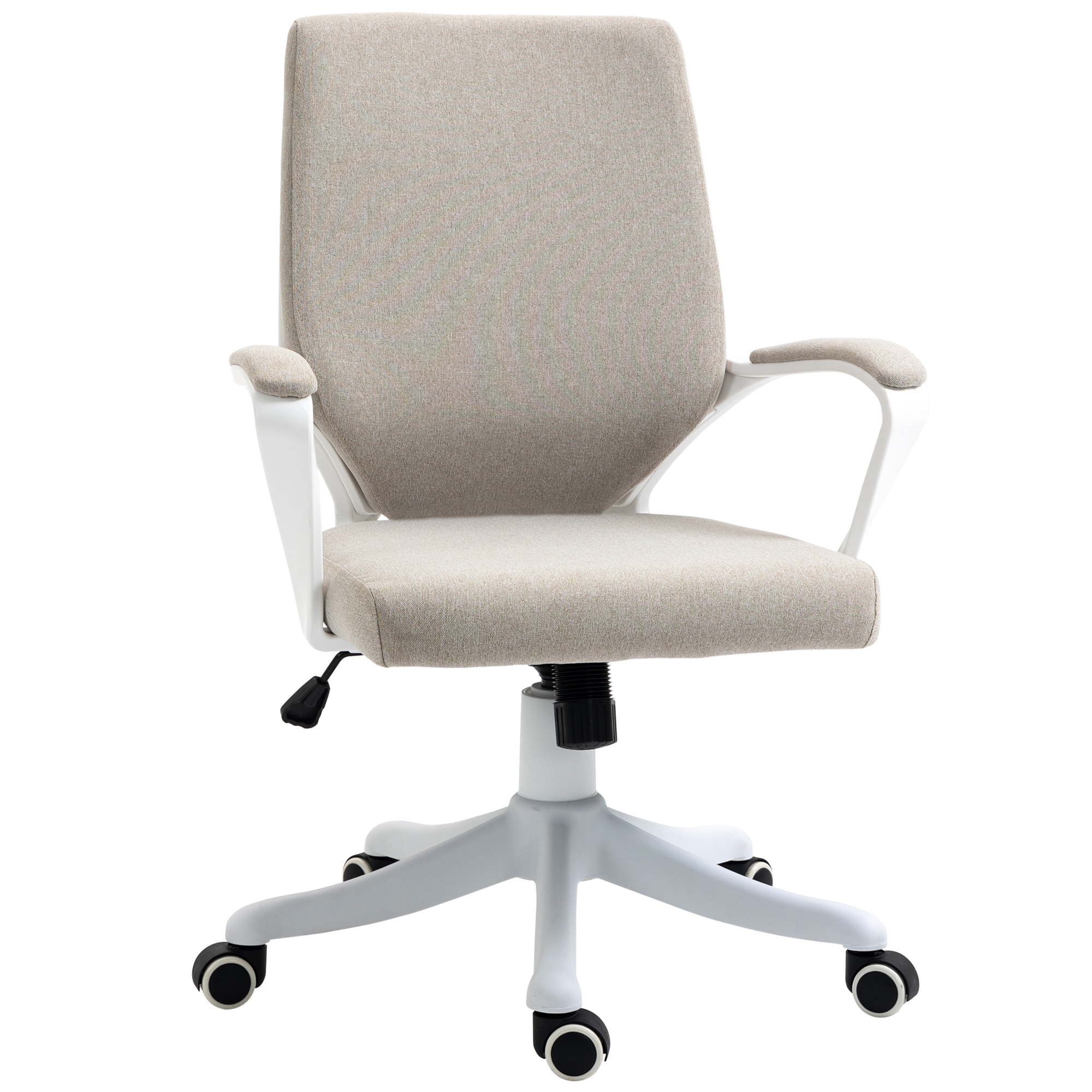 Toimistotuoli, työpöytätuoli, kotitoimistotuoli keinutoiminnolla, korkeussäädettävä selkänoja, paksusti pehmustettu, ergonominen, 360° kääntyvät pyörät, polyesteri, nailon, PP, beige+valkoinen, 62x69x92-100 cm