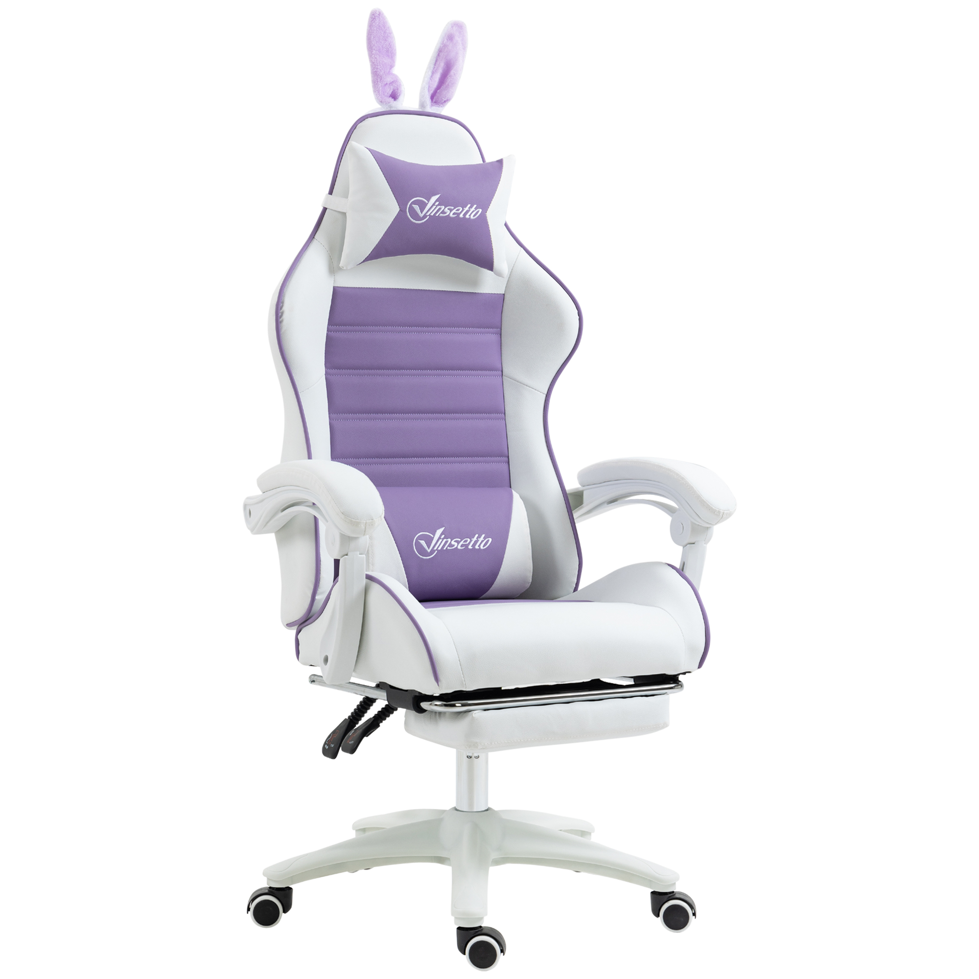 Pelituoli Ergonominen pelituoli ristiselän tuella, jalkatuki, pupunkorvat, niskatuki, violetti