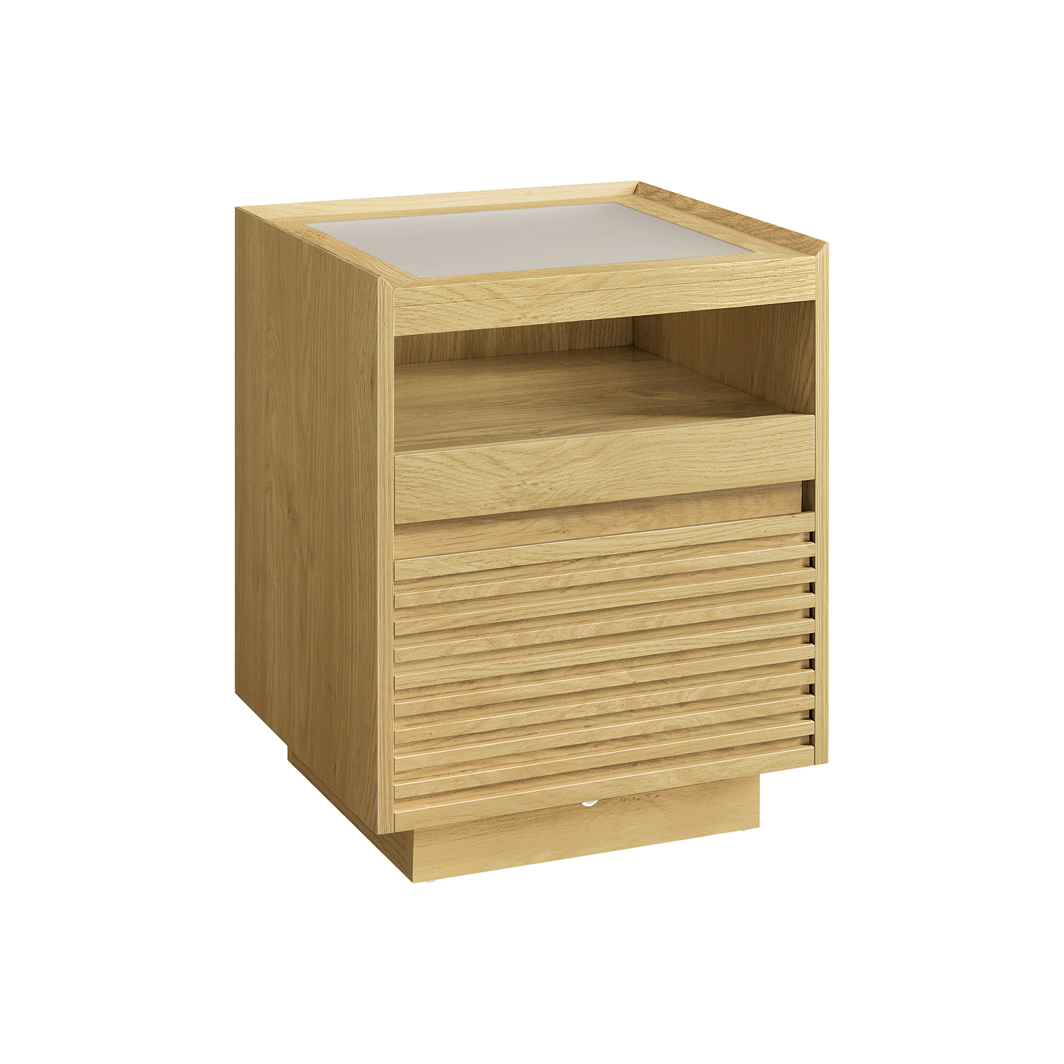 Yöpöytä, LED-valaistuksella ja ulosvedettävällä hyllyllä, beige