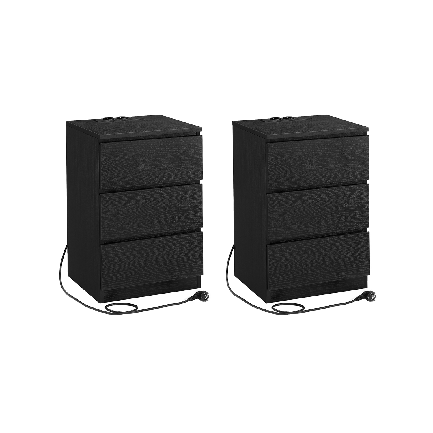 Yöpöytäsetti, 2 osaa, 2 USB-porttia, moderni, eebenpuunmusta
