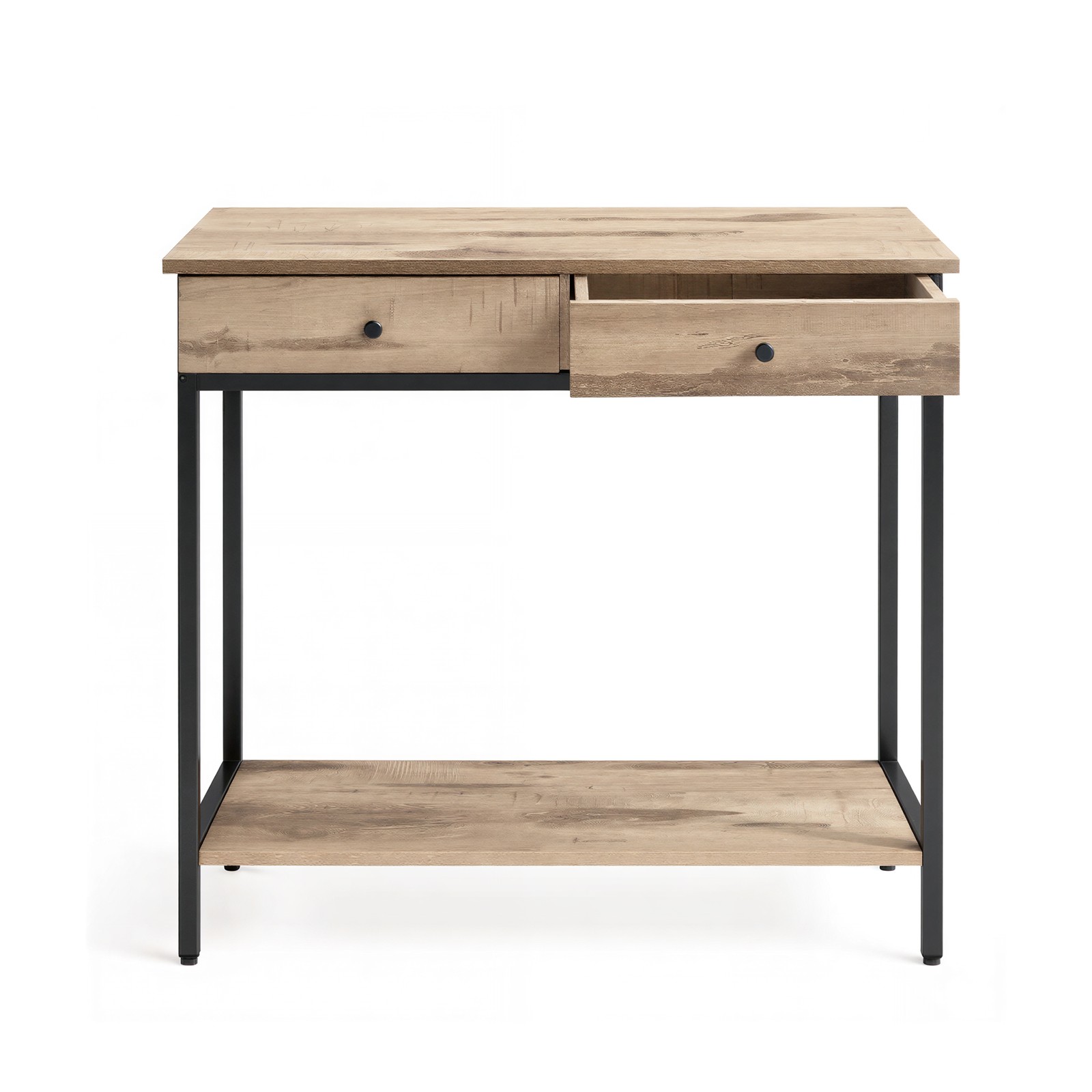 Teollinen konsolipöytä kahdella laatikolla, teräksinen sohvapöytä olohuoneeseen, kamelinruskea-musta