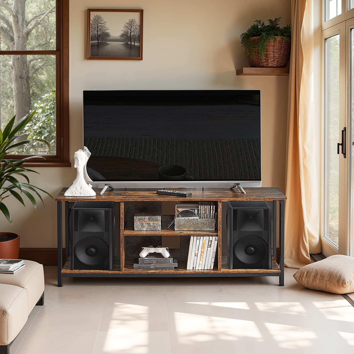 Televiisorialus avatud sektsioonidega 40 x 120 x 50 cm vintage-stiilis pruun-must