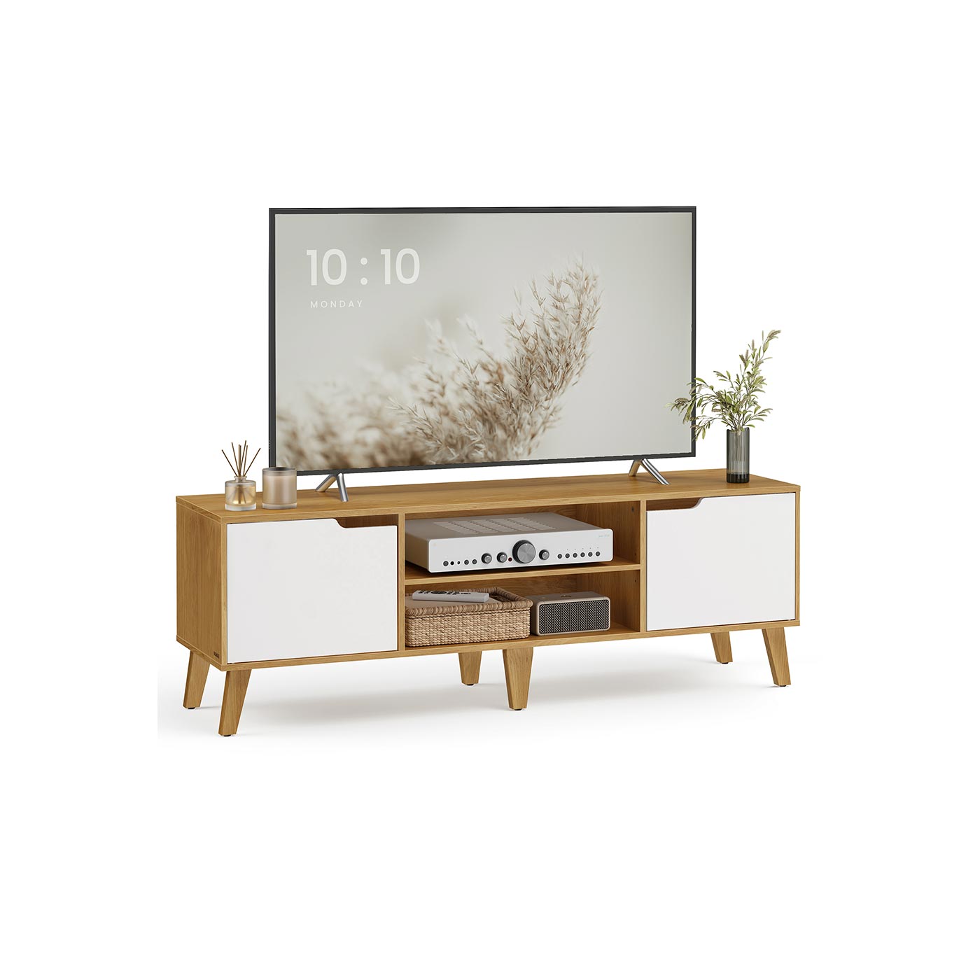 Transition tyylinen TV-kaappi säädettävällä hyllyllä, luonnon tammi väri - kermanvalkoinen