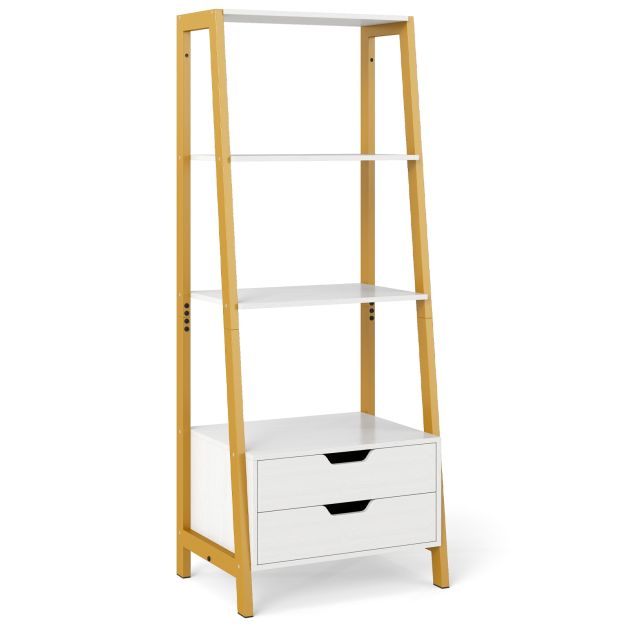 Ladder-kirjahylly, korkea, vapaasti seisova teline säilytystilalla - valkoinen