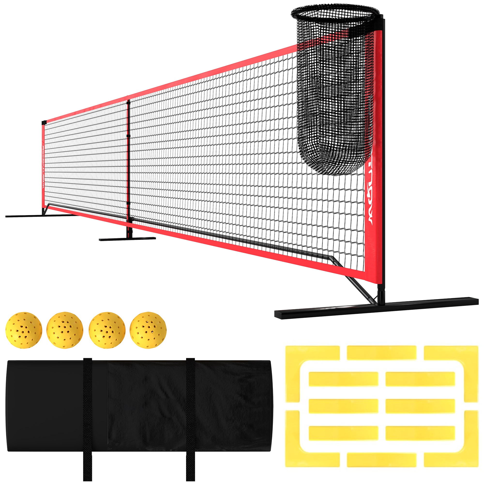 Pickleball-setti, jossa verkko, jalusta, pallot, terästä, muovia, punainen