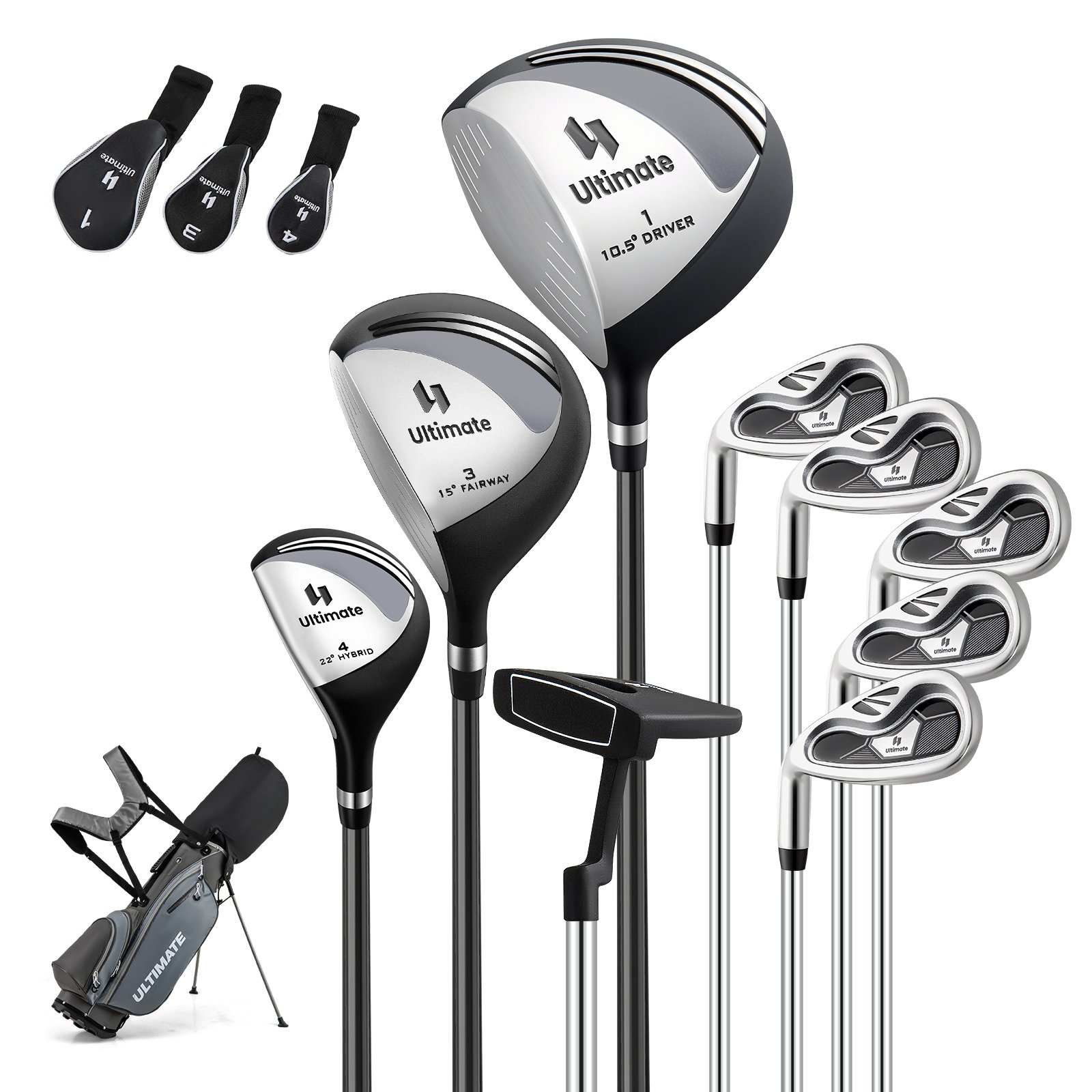 Täielik golfikeppide ja koti komplekt vasakukäelistele meestele, kaasas kergkaaluline tugijalgadega golfikott, hall
