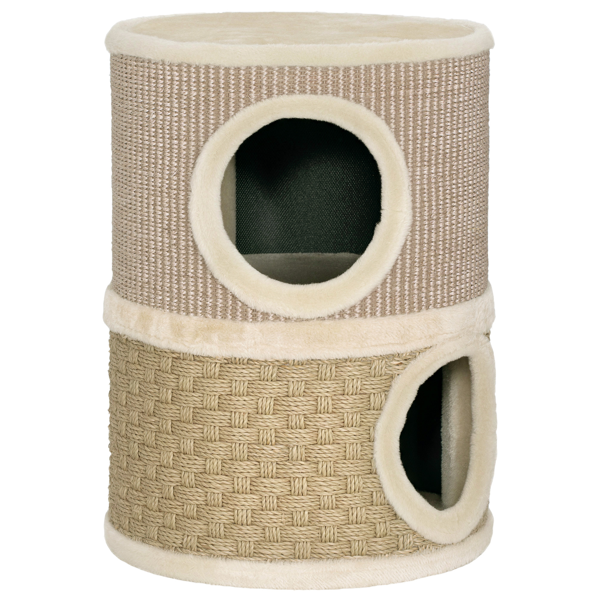 Raapimistynnyri, 49 cm korkea, Ø35,5 cm, kaksikerroksinen kissantynnyri pehmoreunuksella, raapimismatto, 2 luolaa, khaki+kahvi