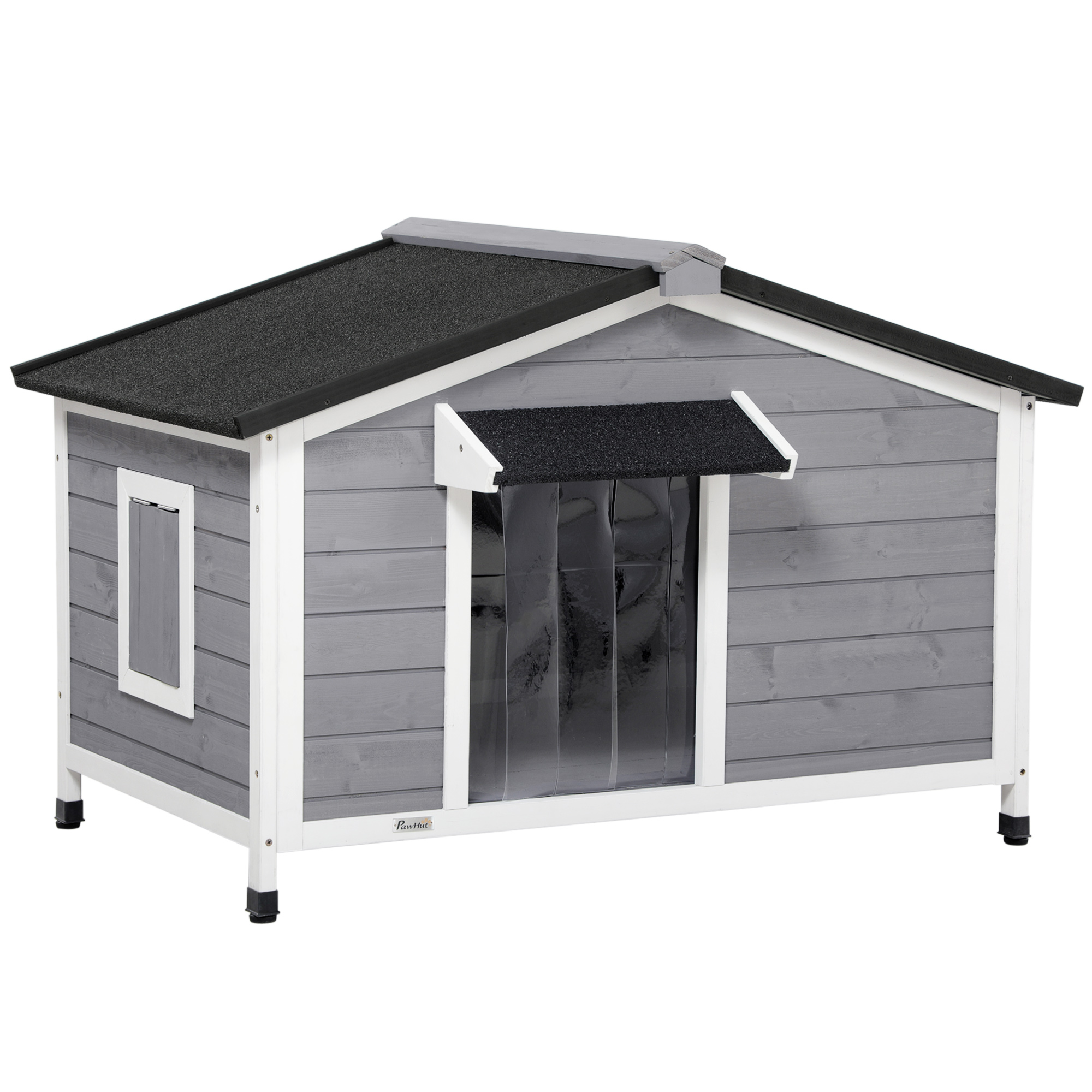 Täispuidust koerakuut ilmastikukindel asfaltkatus eemaldatav põrand 109 cm x 79 cm x 72 cm hall + valge