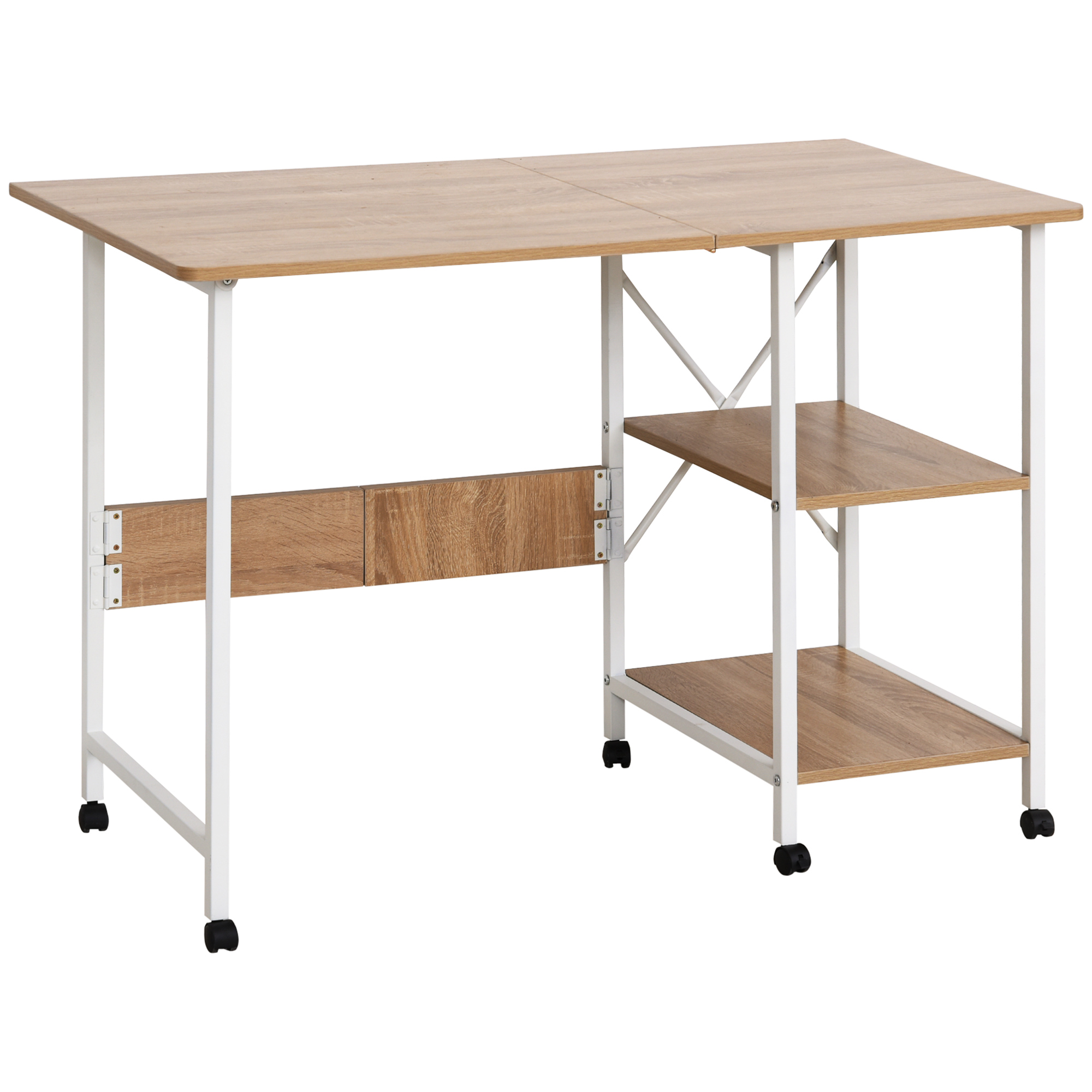 Kokoontaitettava pöytä, työpöytä, sivupöytä, toimistopöytä, liikuteltava tietokonepöytä pyörillä, MDF-puu, luonnonvärinen, 107 x 55 x 76 cm