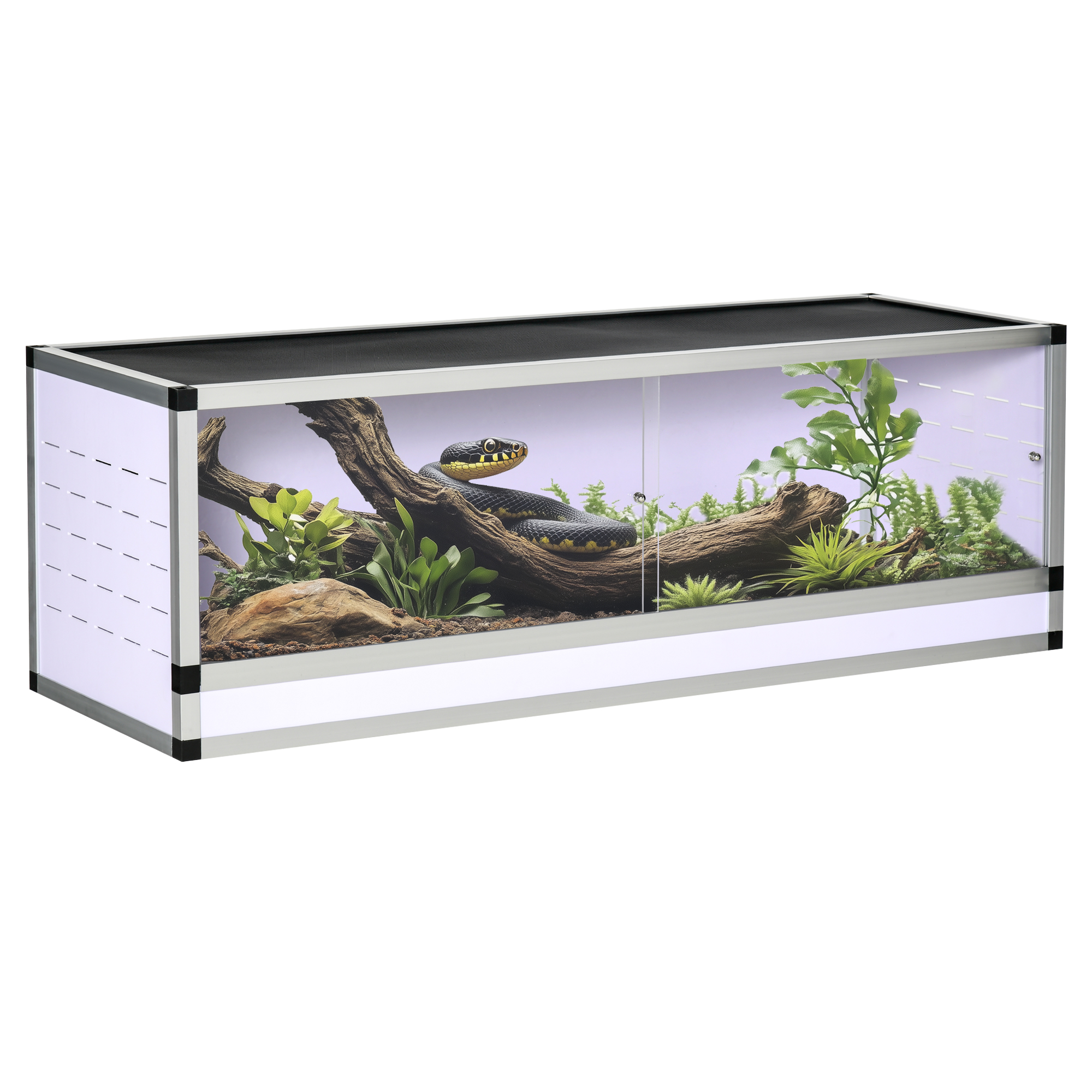 Alumiiniterraario matelijoille, sammakkoeläimille ja hämähäkkieläimille; matelijoiden lisääntymislaatikko; verkkoterraario; valkoinen, hopea ja musta; 120 x 40 x 40 cm