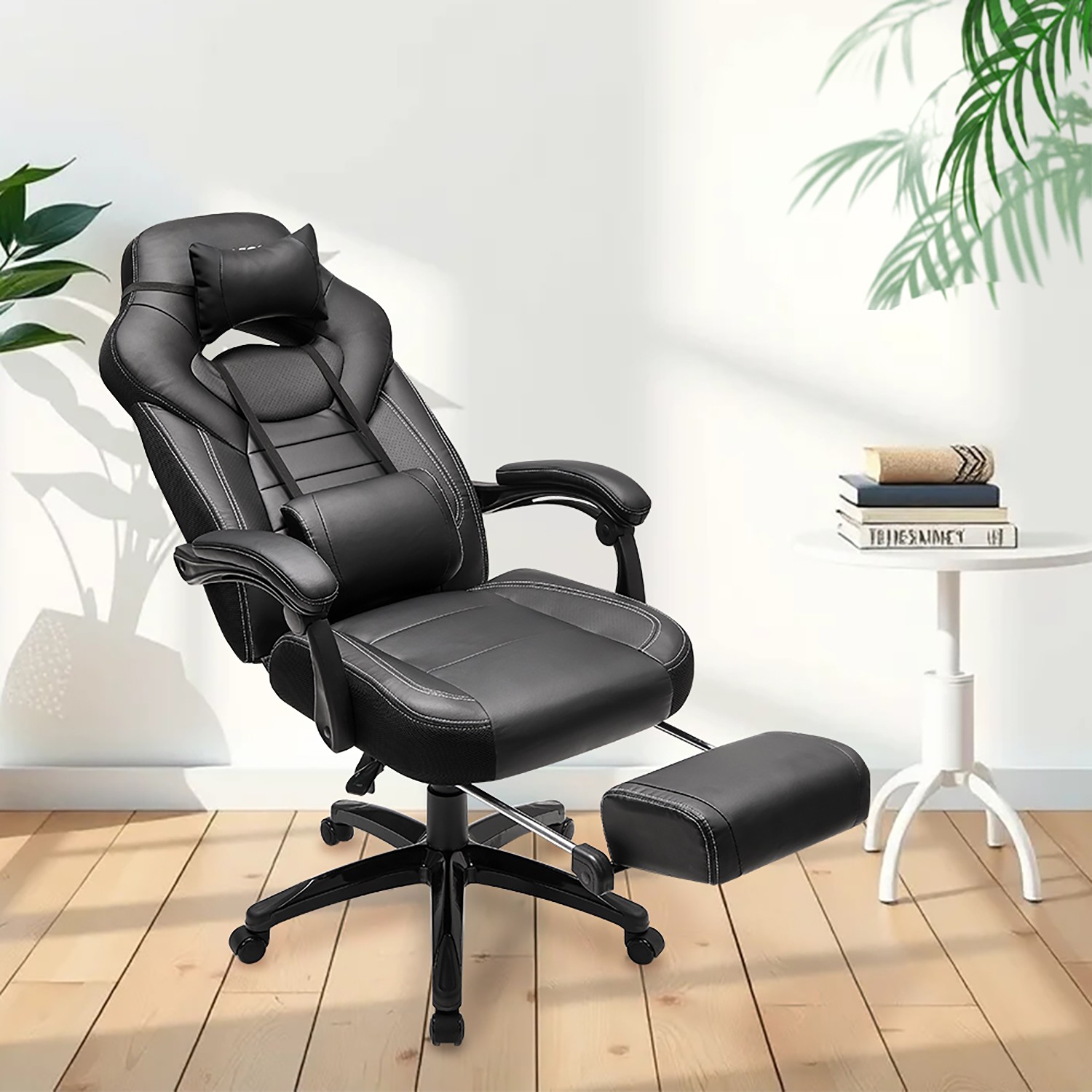 Ergonominen pelituoli jalkatuella, toimistokäyttöön, säädettävä pää ja ristiselän pehmuste